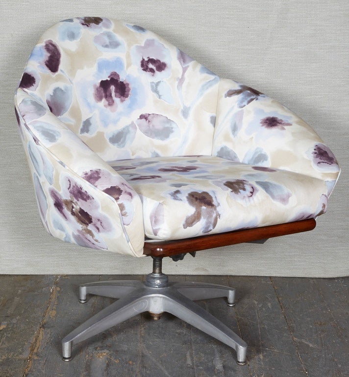 Stained Pair of Floral Upholstered Swivel Base Chairs For Sale
