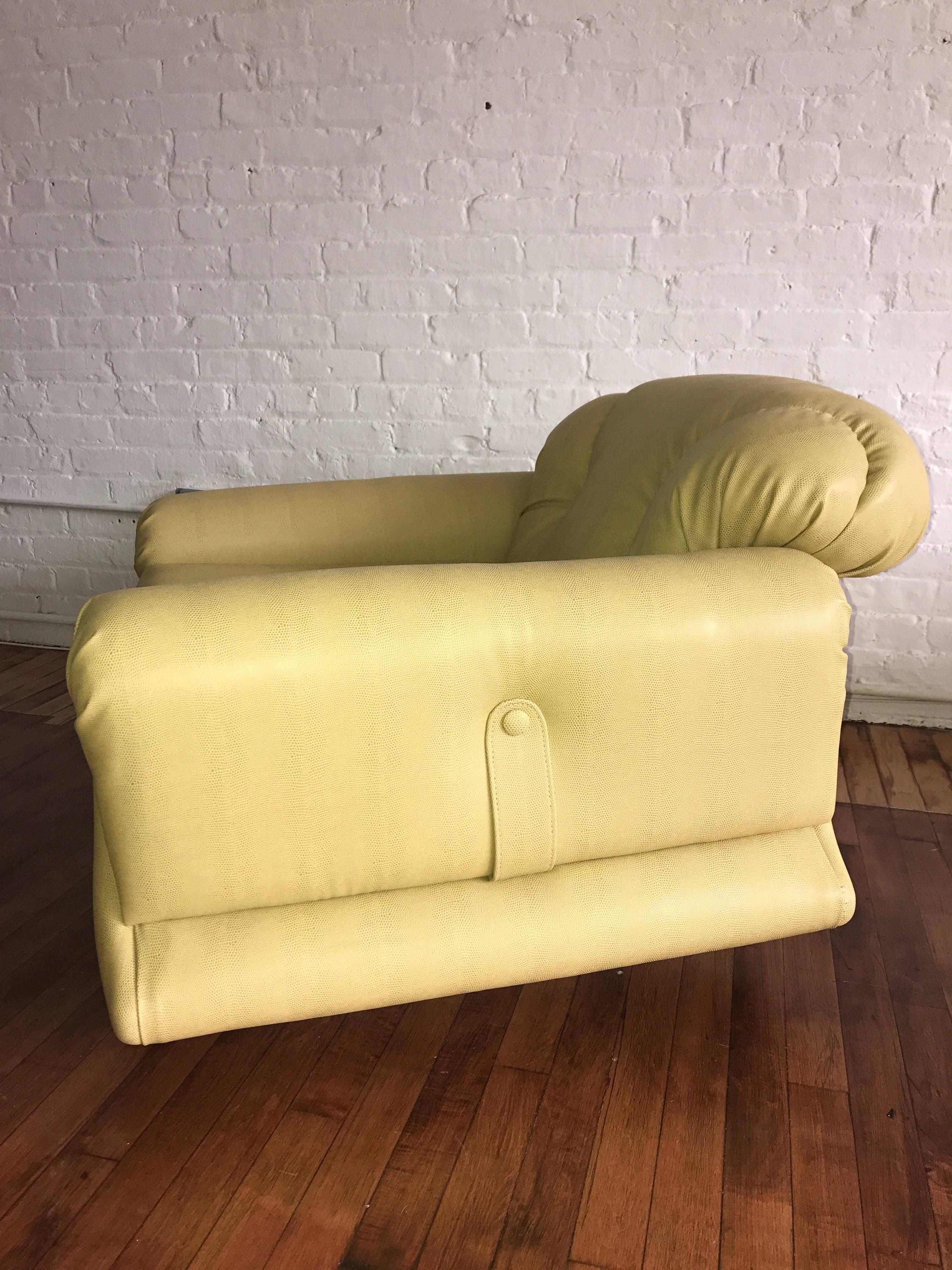 Mod Overstuffed Green Vinyl Lounge Chair In Good Condition For Sale In New York, NY