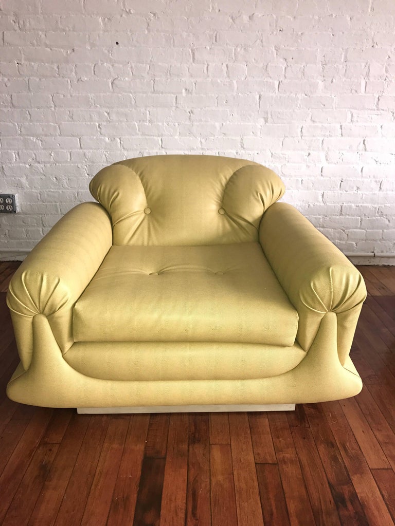 Mod Overstuffed Green Vinyl Lounge Chair For Sale at 1stDibs