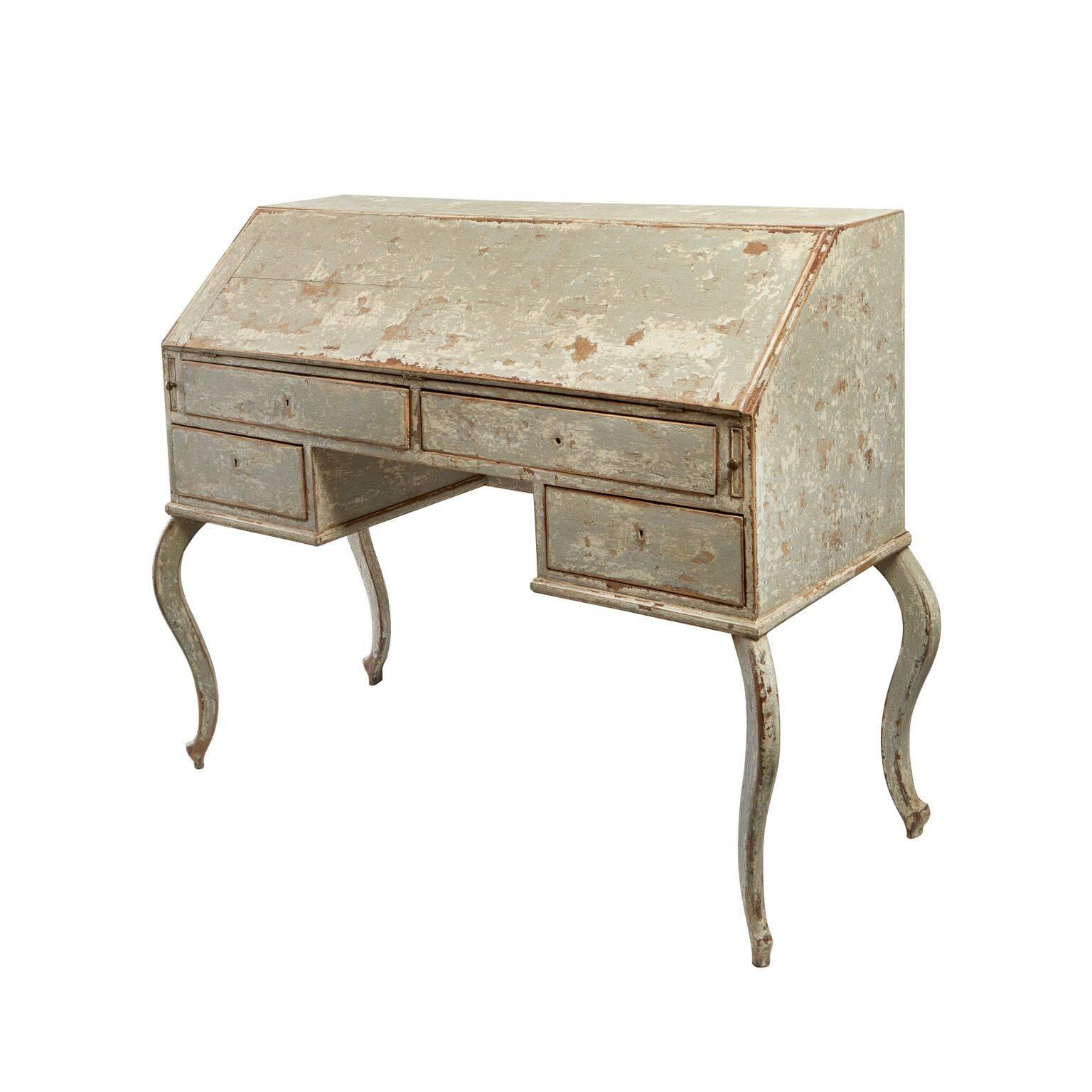 Early 19th century French painted secretary. Original paint in beautiful shades of celadon and white. Interior has original turquoise paint and natural wood tones. All the drawers are intact.