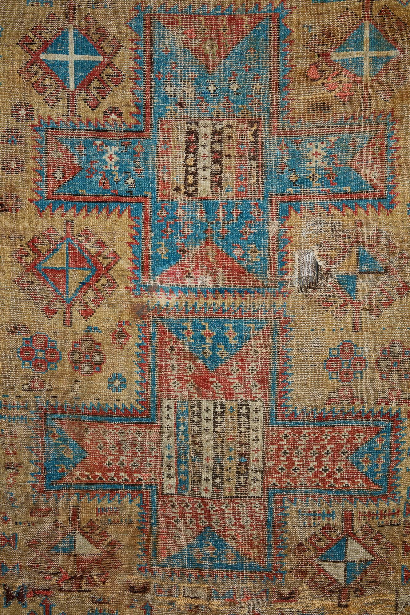Late 19th century super worn antique Caucasian rug
From the Mountain Range Caucasus
This is a beautiful tapestry would be wonderful as a wall hanging or upholstery fabric with backing 
Colors are more soft and muted than shown in photos.
 