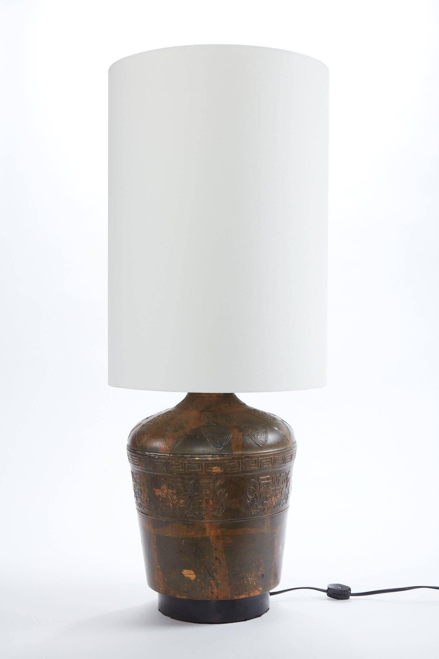 Early 20th Century Etched Metal Lamp with Custom French Paper Shade For Sale 2