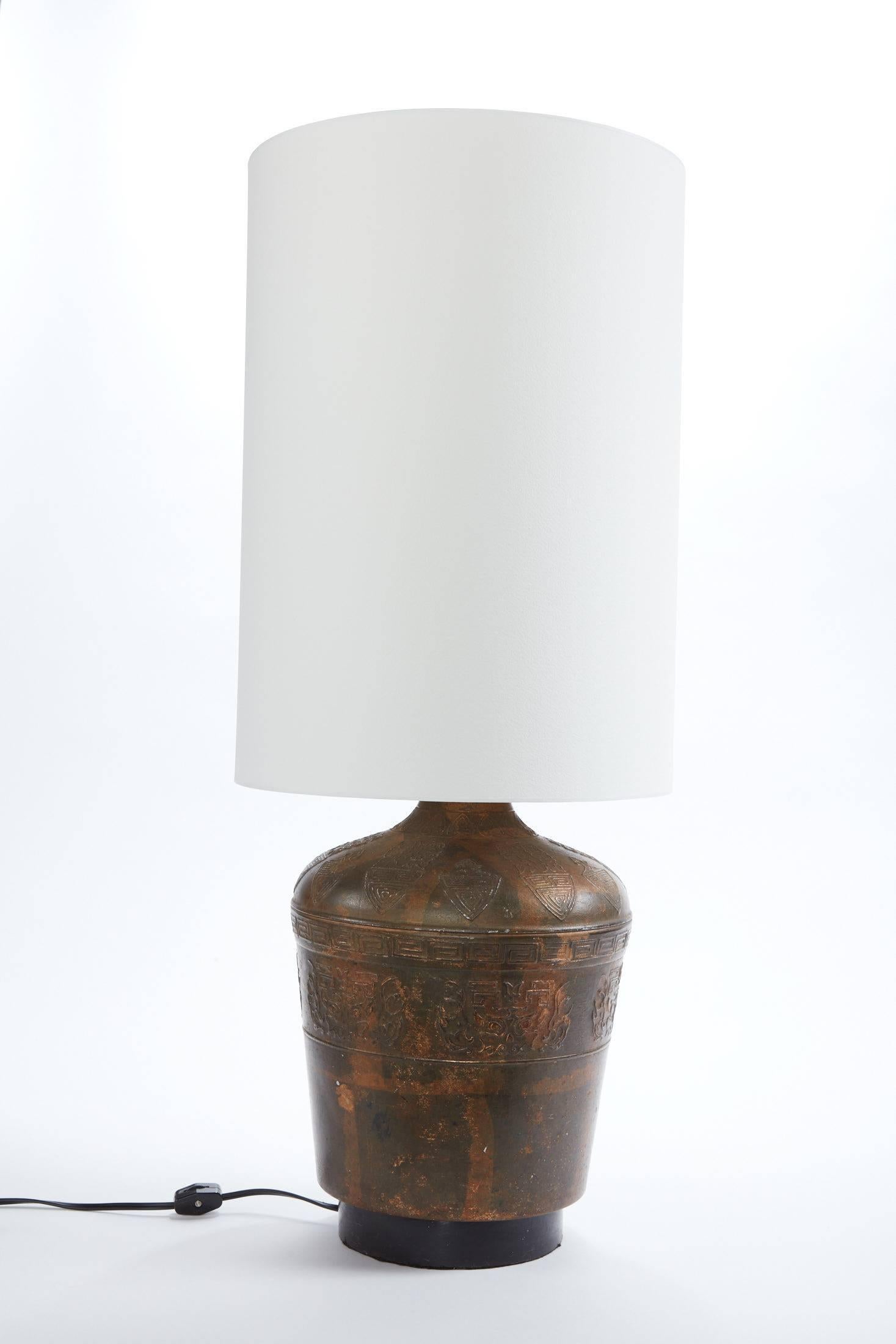 Early 20th Century Etched Metal Lamp with Custom French Paper Shade For Sale 1