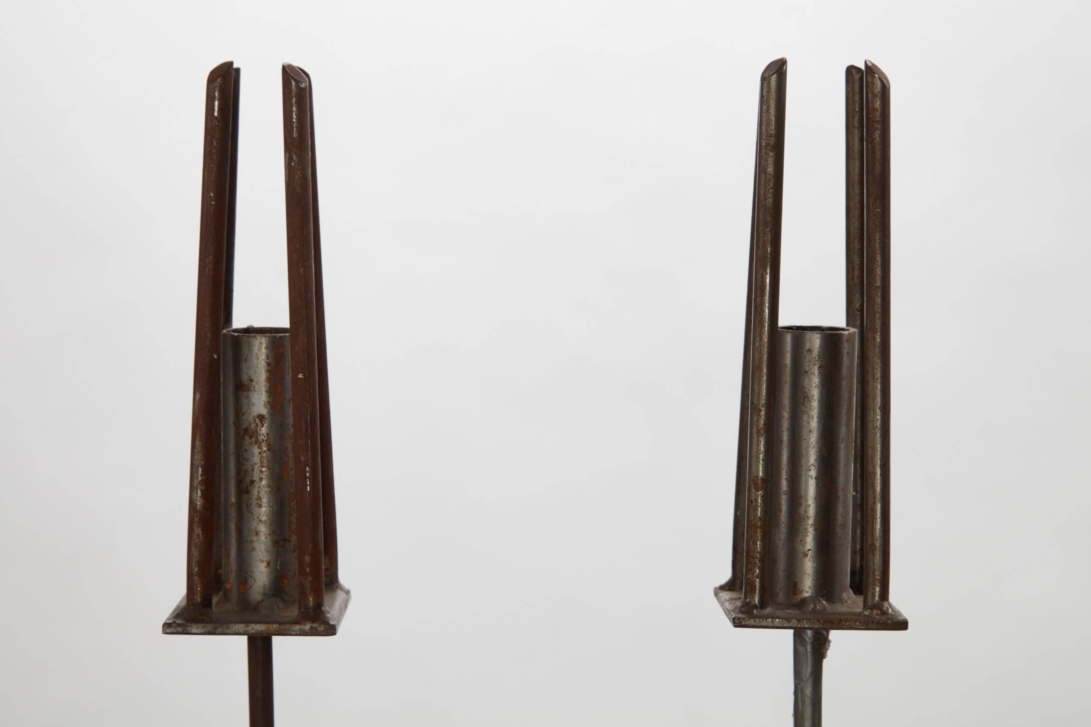 Wrought Iron 20th Century Pair of Tall / Floor Iron Candlesticks