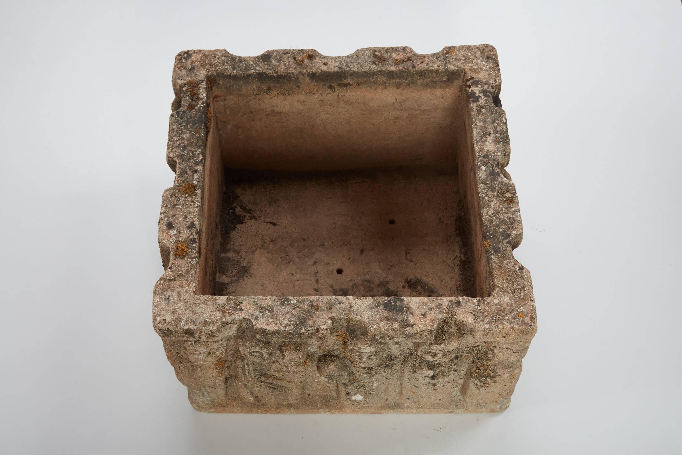 Late 19th-Early 20th Century French Square Carved Stone Planter 1