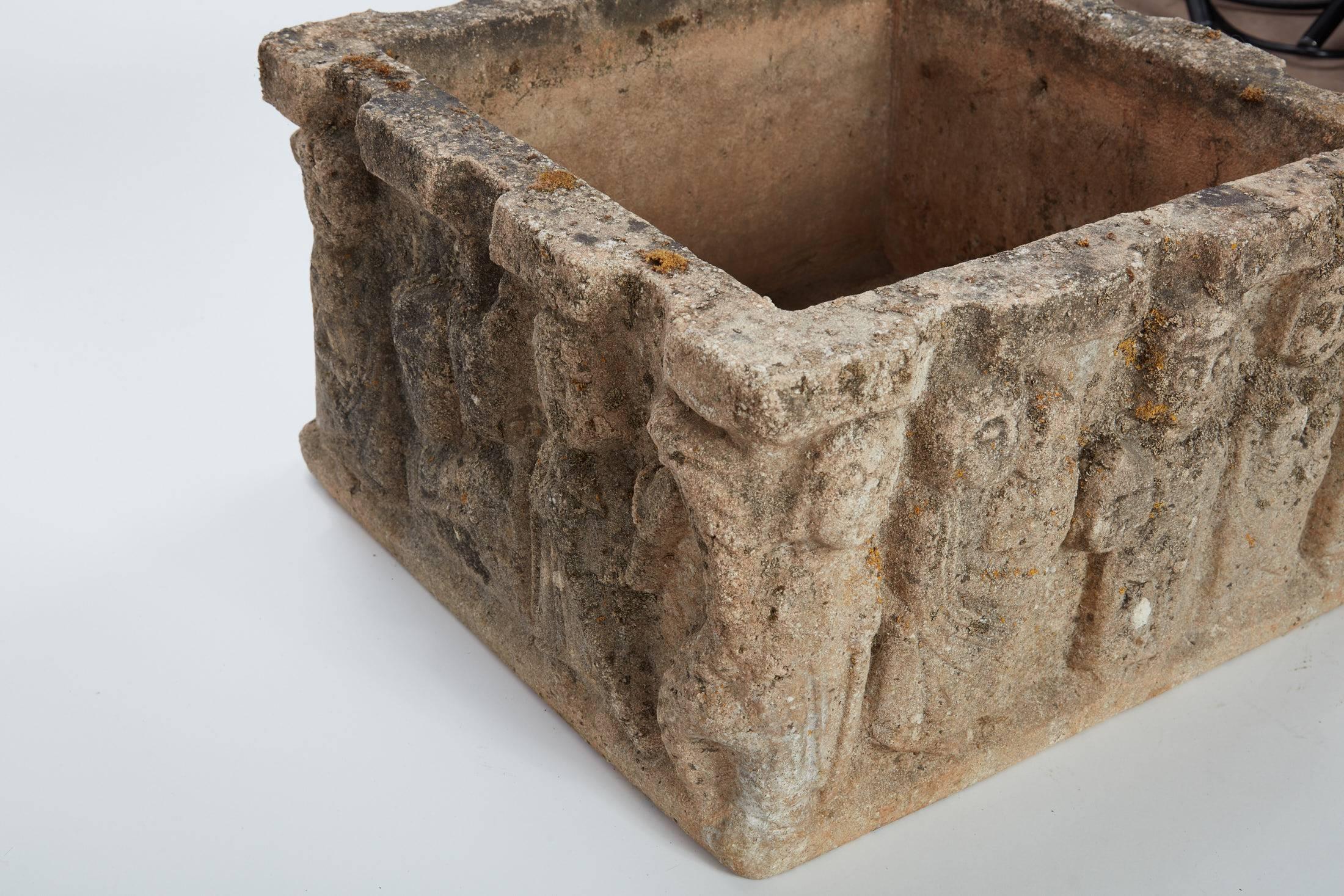 Late 19th-Early 20th Century French Square Carved Stone Planter In Good Condition In Chicago, IL