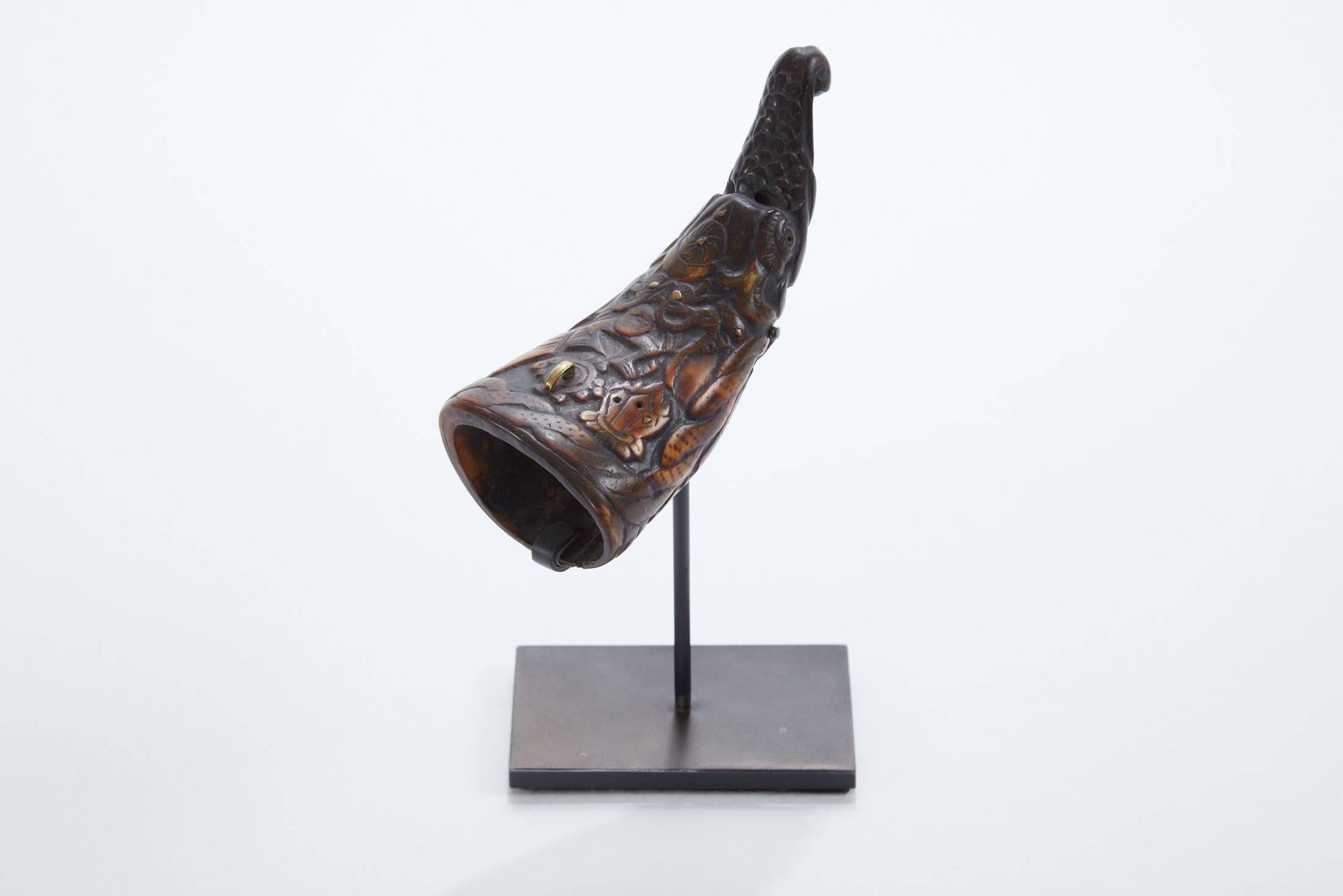 Late 19th century hand-carved 'Thun Rwa' horn was used commonly by the Ngakpa (lay Lamas) of Tibet. Used as a healing tool with medicinal/herbal powders, the tribe 