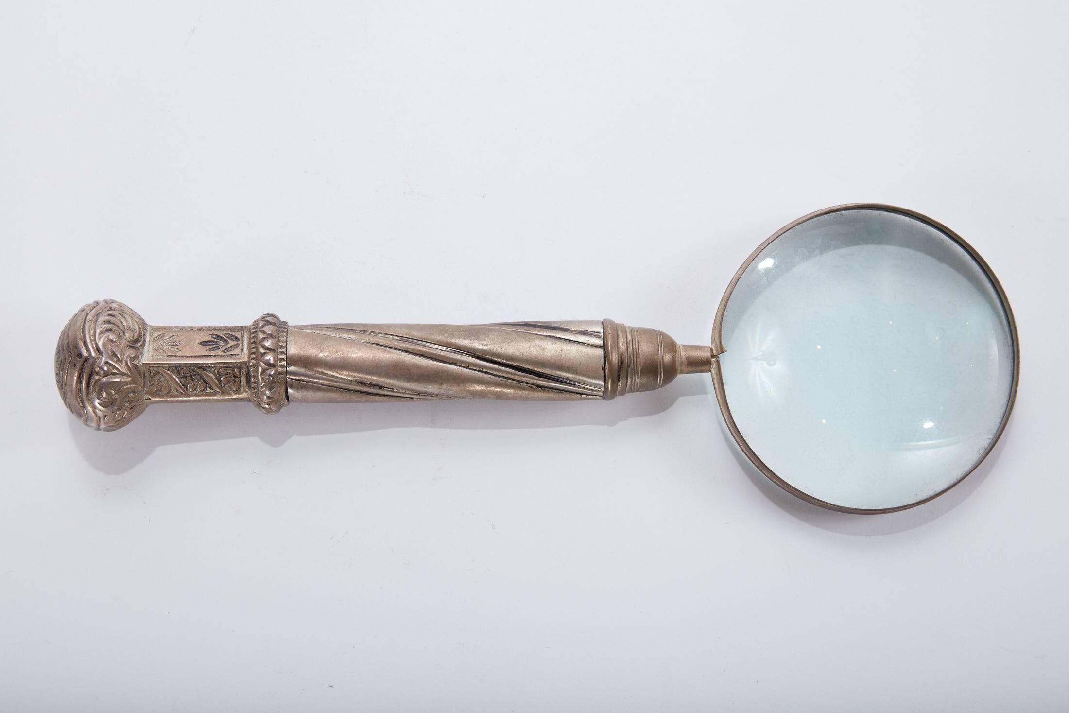 Early 20th Century French Magnifying Glass with Ornate Pewter Handle In Good Condition In Chicago, IL