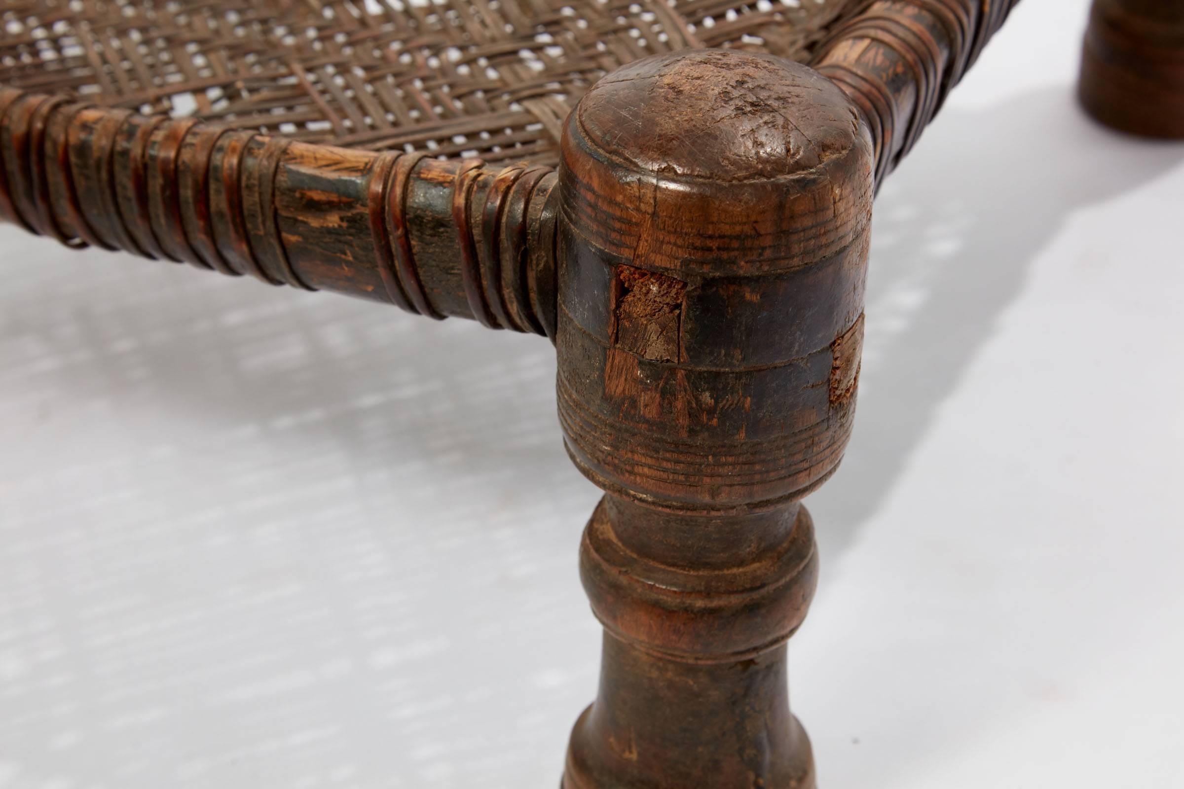 Hand-Carved 20th Century Hand Woven Leather Stool from Swat Valley in Pakistan