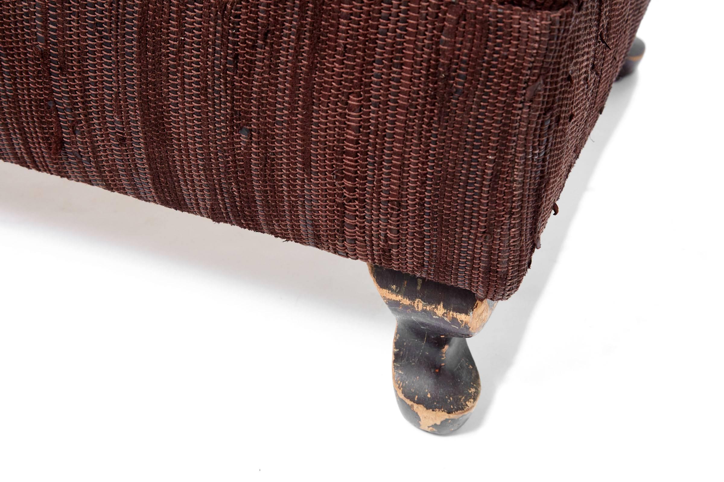 21st Century Woven Leather Ottoman on 19th Century Wooden Legs 1