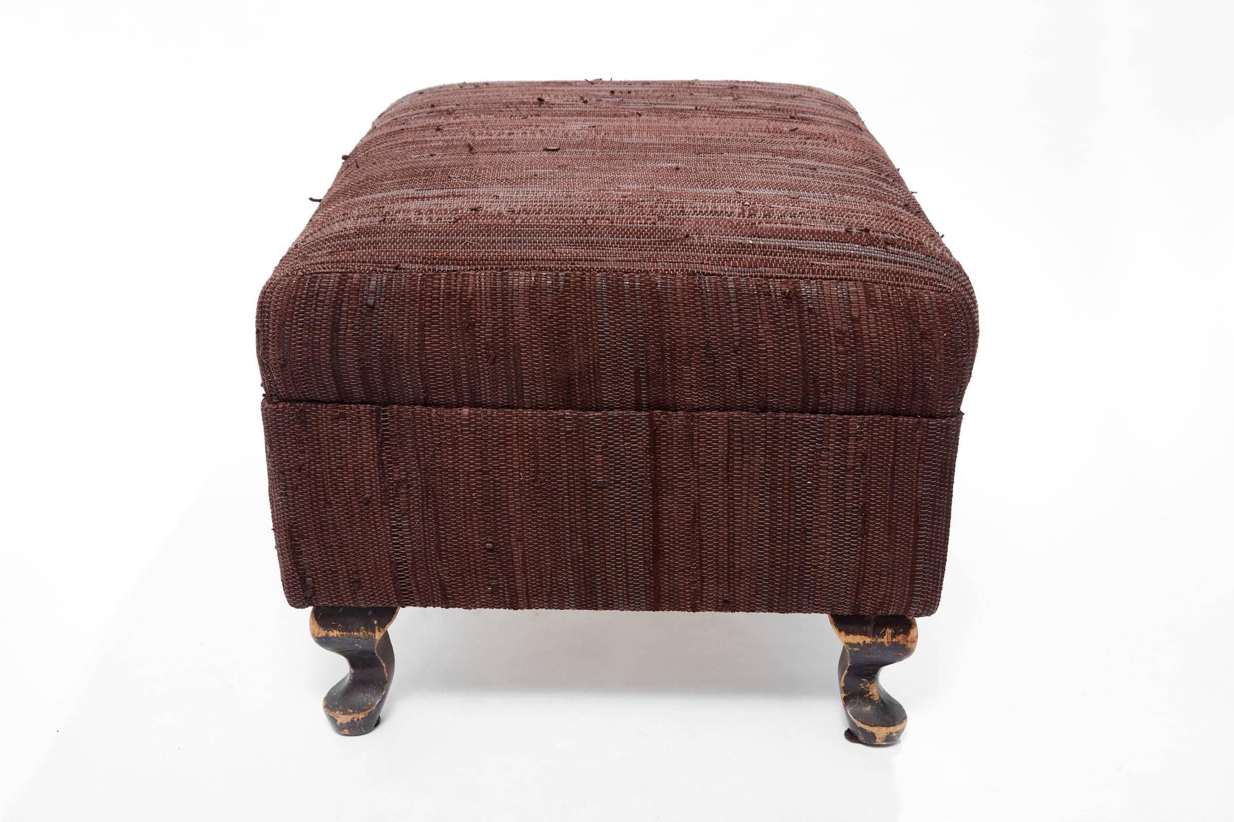 21st Century Woven Leather Ottoman on 19th Century Wooden Legs In Excellent Condition In Chicago, IL