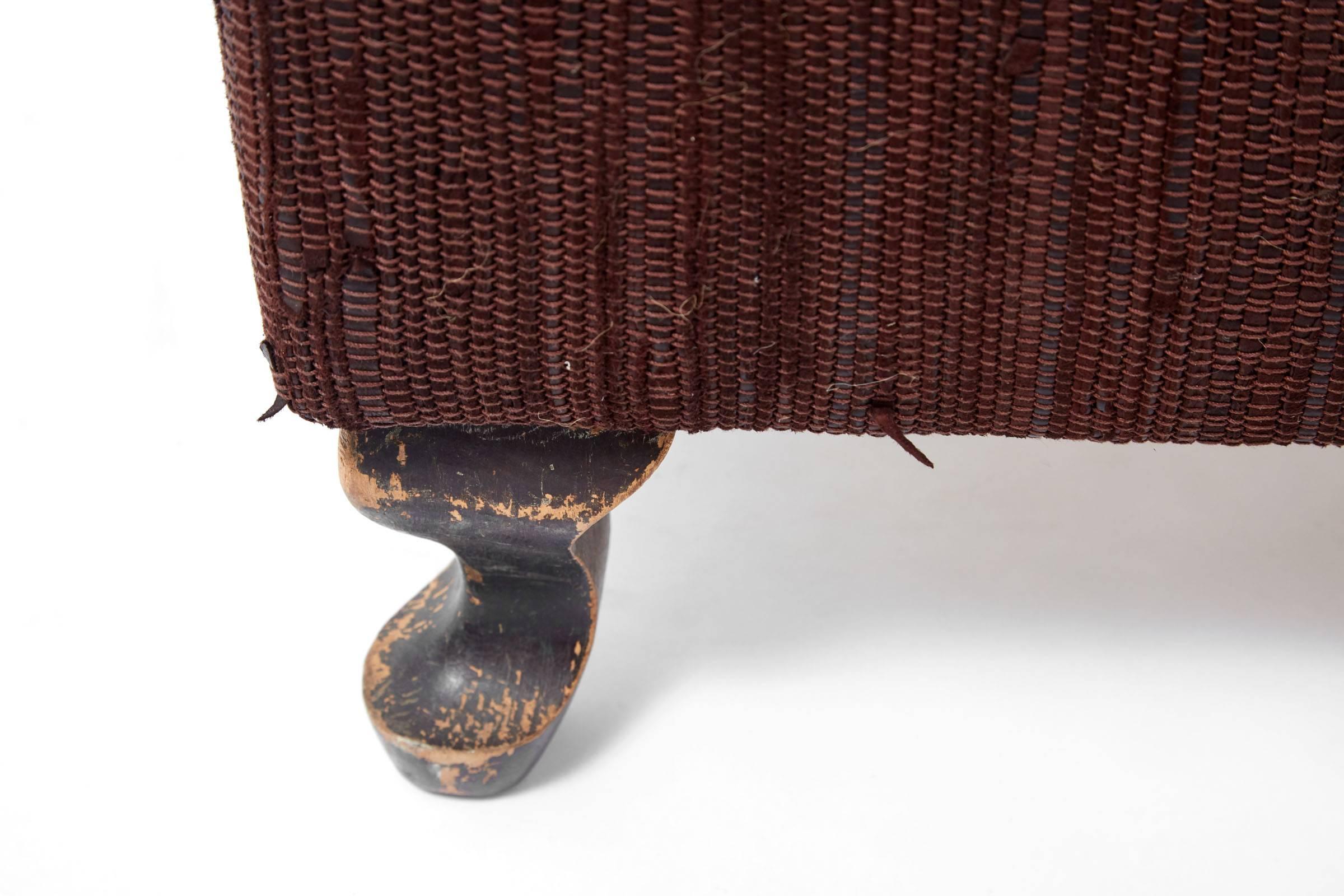 21st Century Woven Leather Ottoman on 19th Century Wooden Legs 3