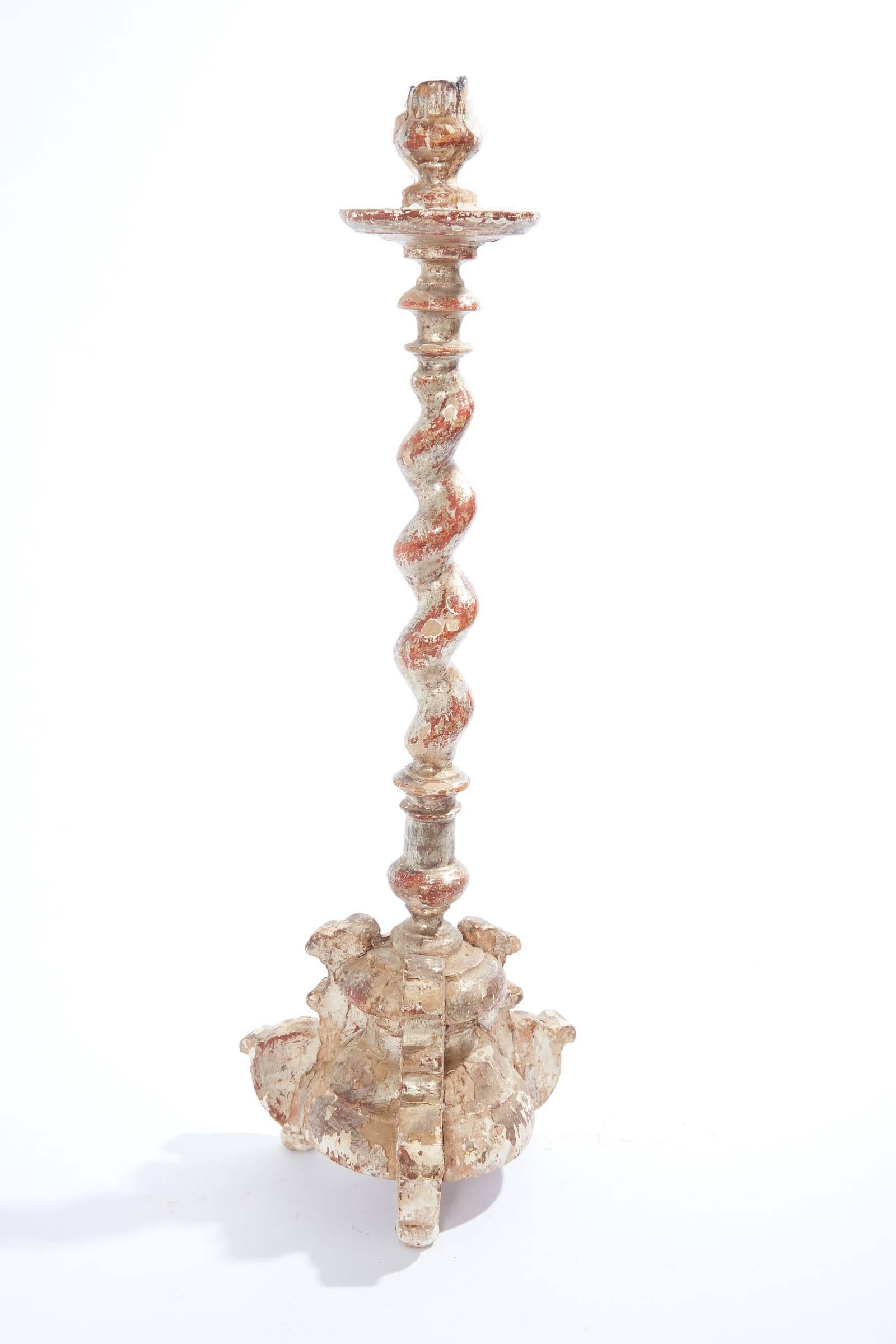 18th Century Italian Painted Twisted Baroque Candlestick 
Beautiful patina of soft silver and subtle red paint 
