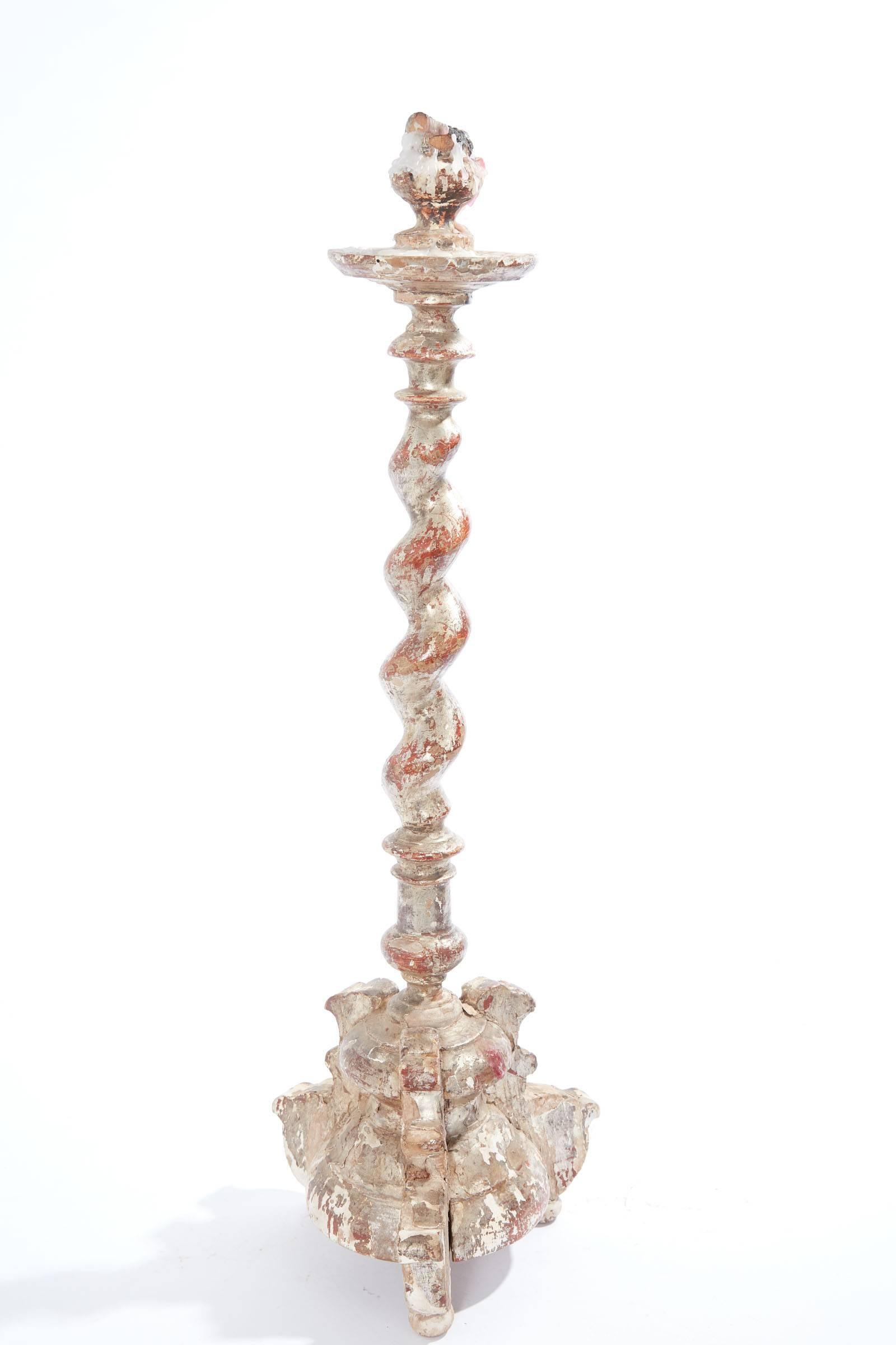 Hand-Carved 18th Century Italian Painted Twisted Baroque Candlestick 