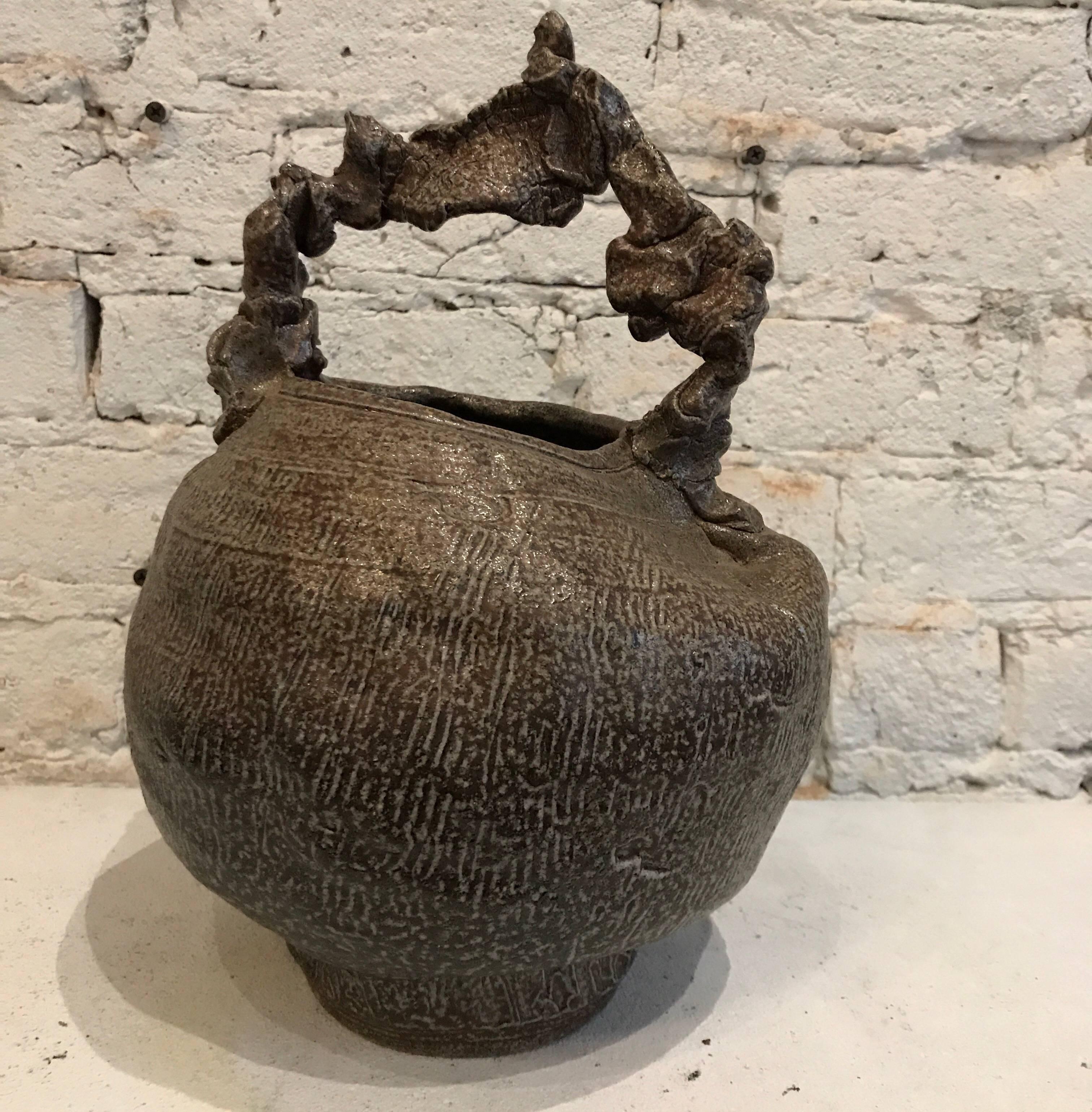 20th Century Rough and Primitive Raku Handled Pottery by Kelly Fuenning In Excellent Condition In Chicago, IL