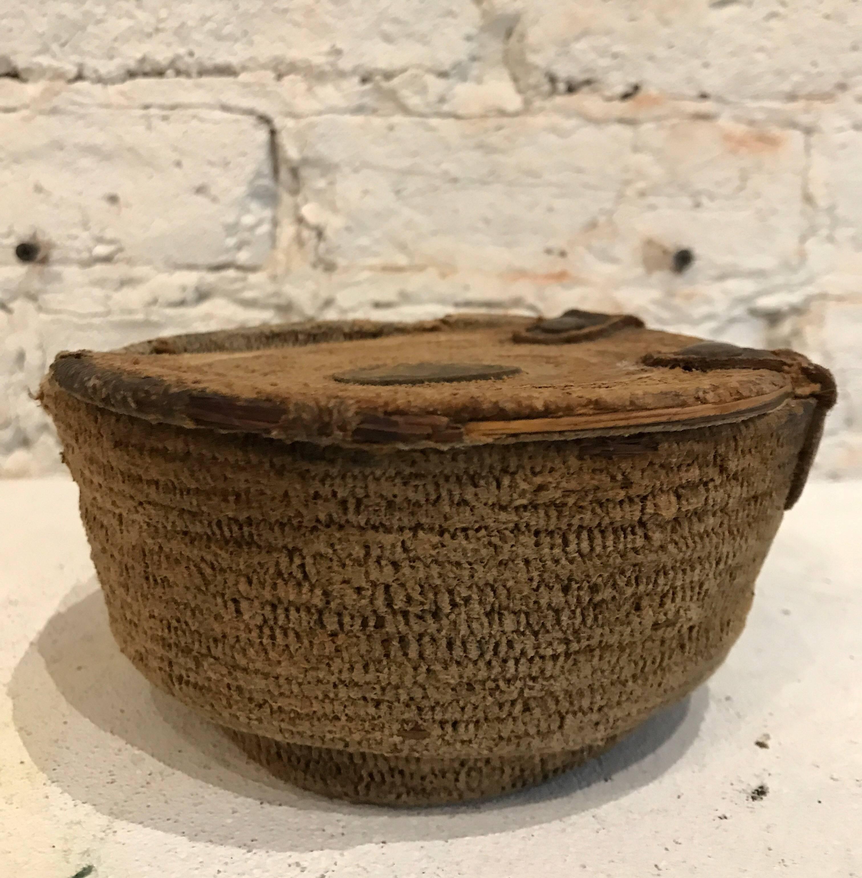 19th Century African Woven Basket Food Storage Container with Leather Details 1