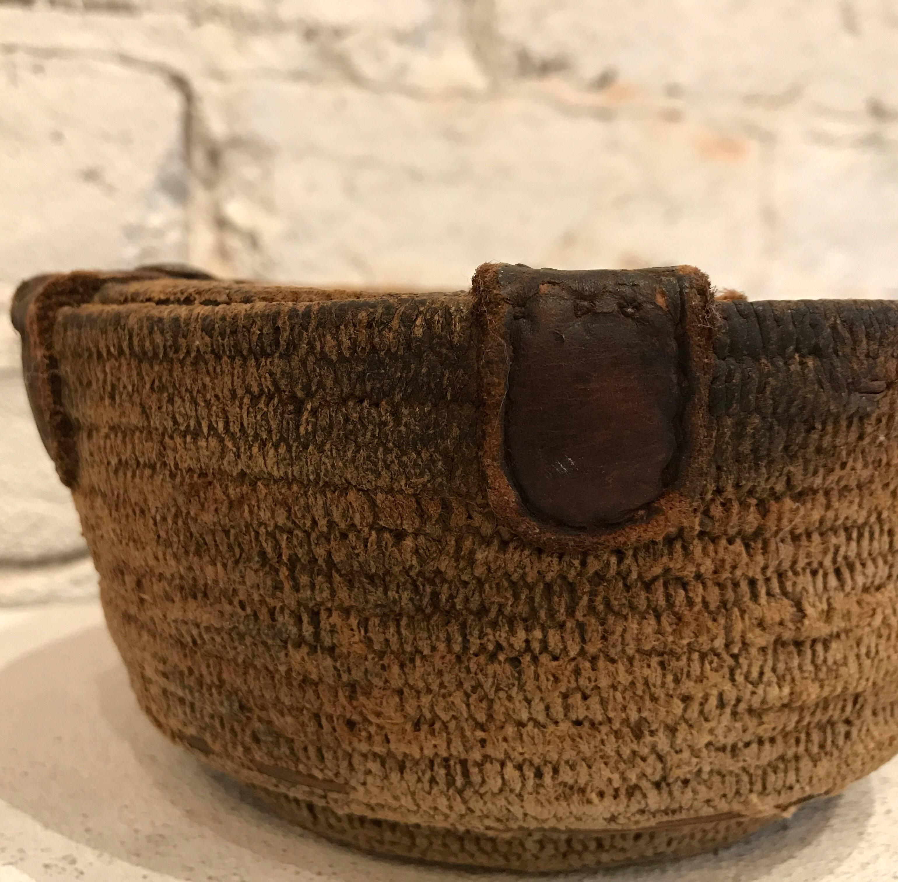 19th Century African Woven Basket Food Storage Container with Leather Details 6