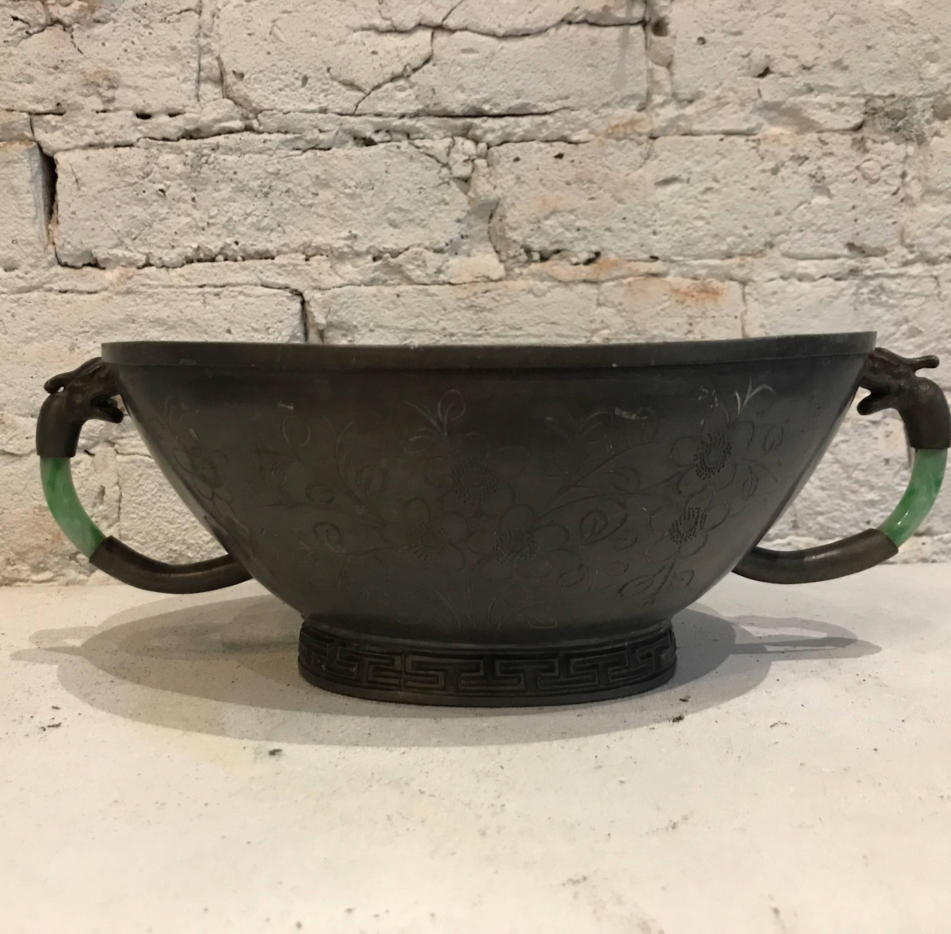 Early 20th Century Pewter/Jade Handled Chinese Cachepot In Good Condition In Chicago, IL
