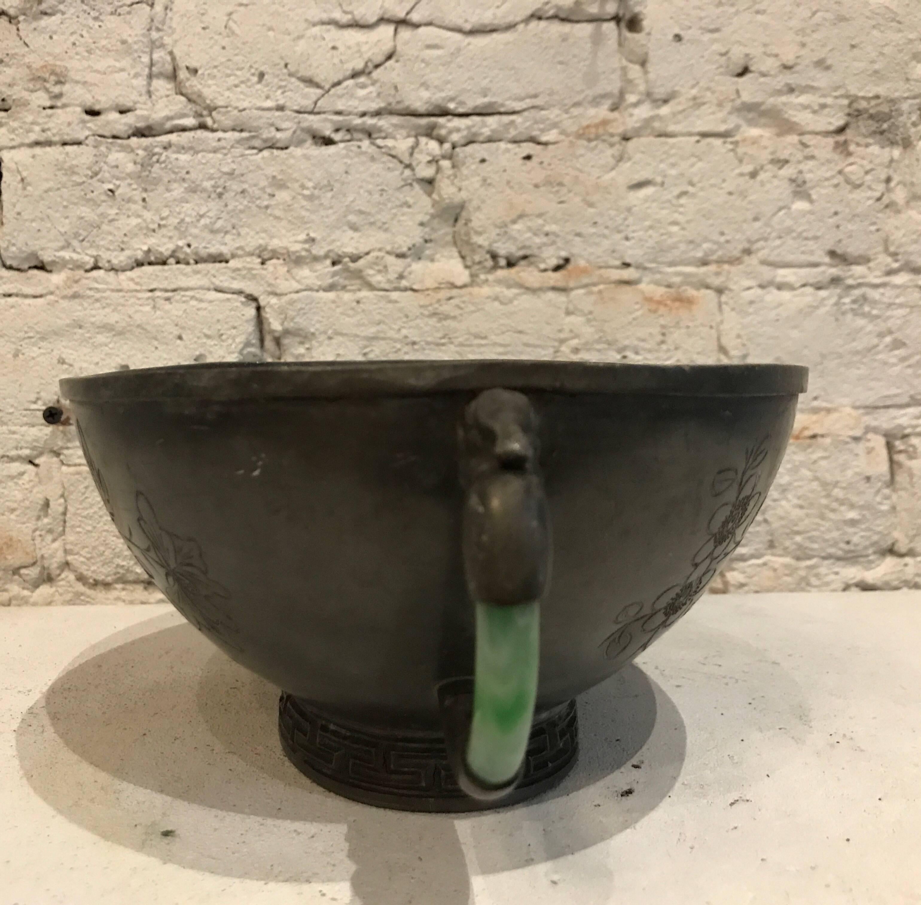 Early 20th Century Pewter/Jade Handled Chinese Cachepot 1