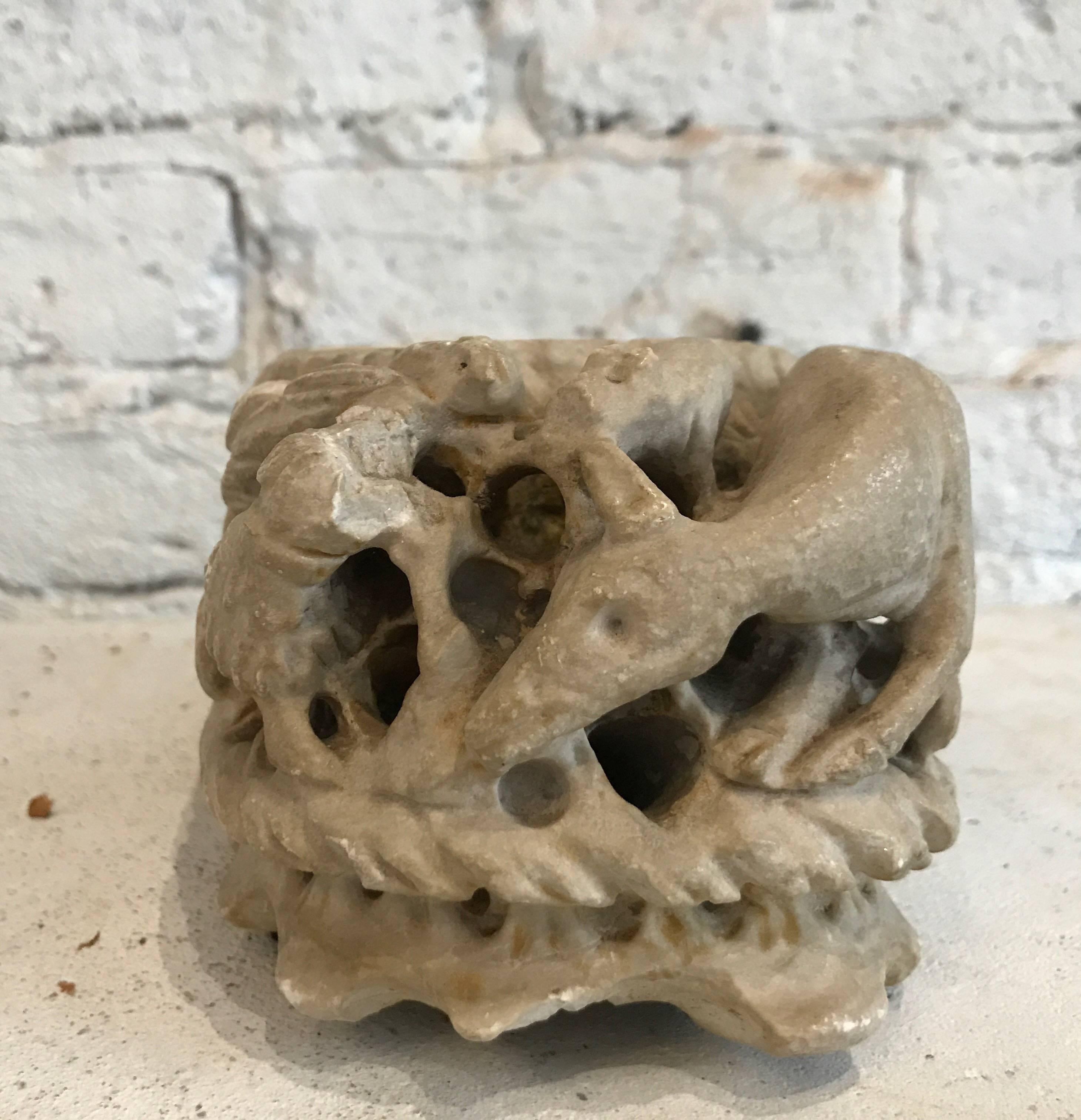 Late 19th century carved stone bowl found in Italy
Appears to be Asian in style with animal figures throughout - or marble limestone.