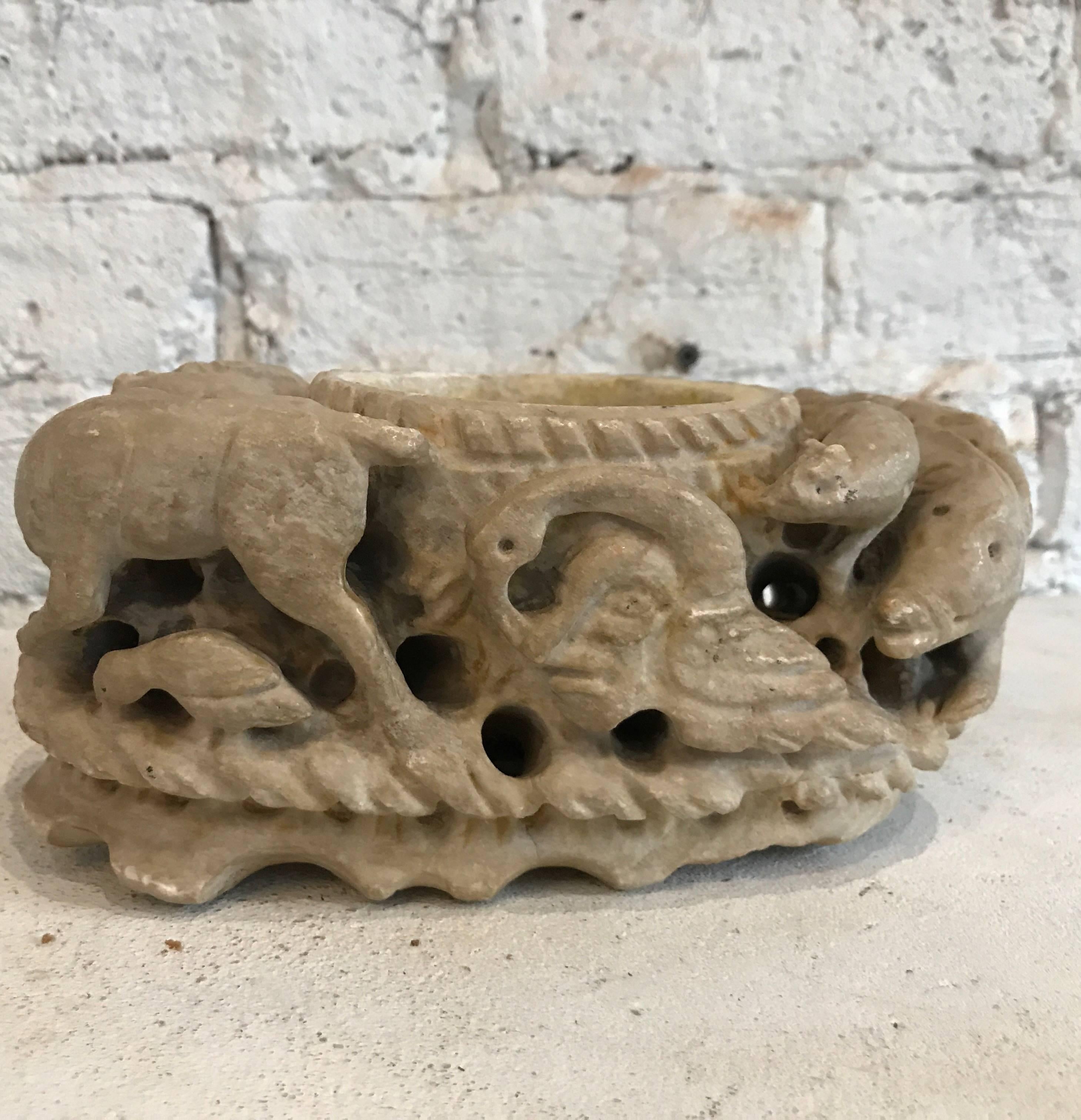 Chinese Late 19th Century Carved Stone Bowl Found in Italy For Sale
