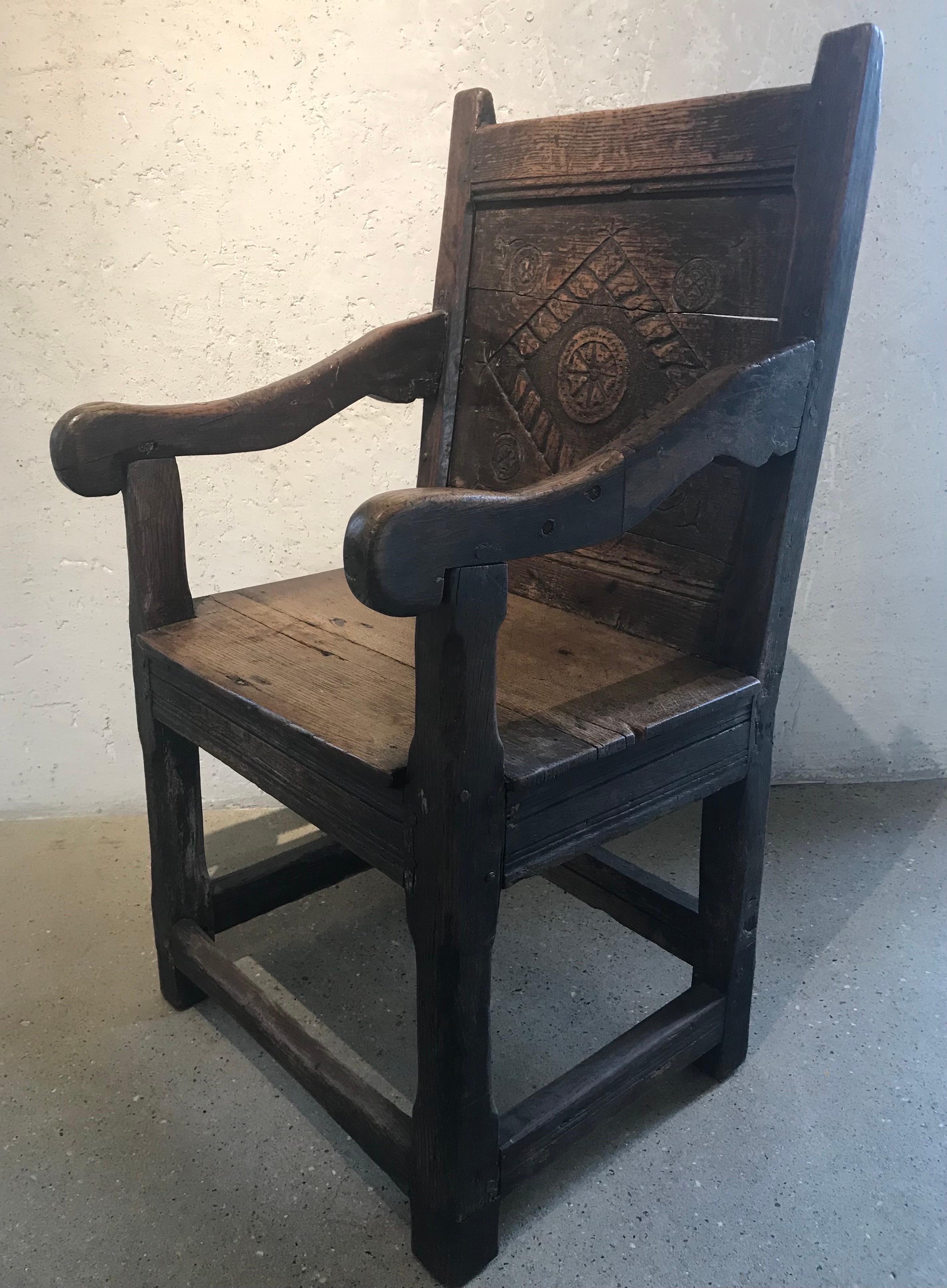Elizabethan 'Tudor' Hand Carved Oak Wainscot Arm Chair For Sale 7