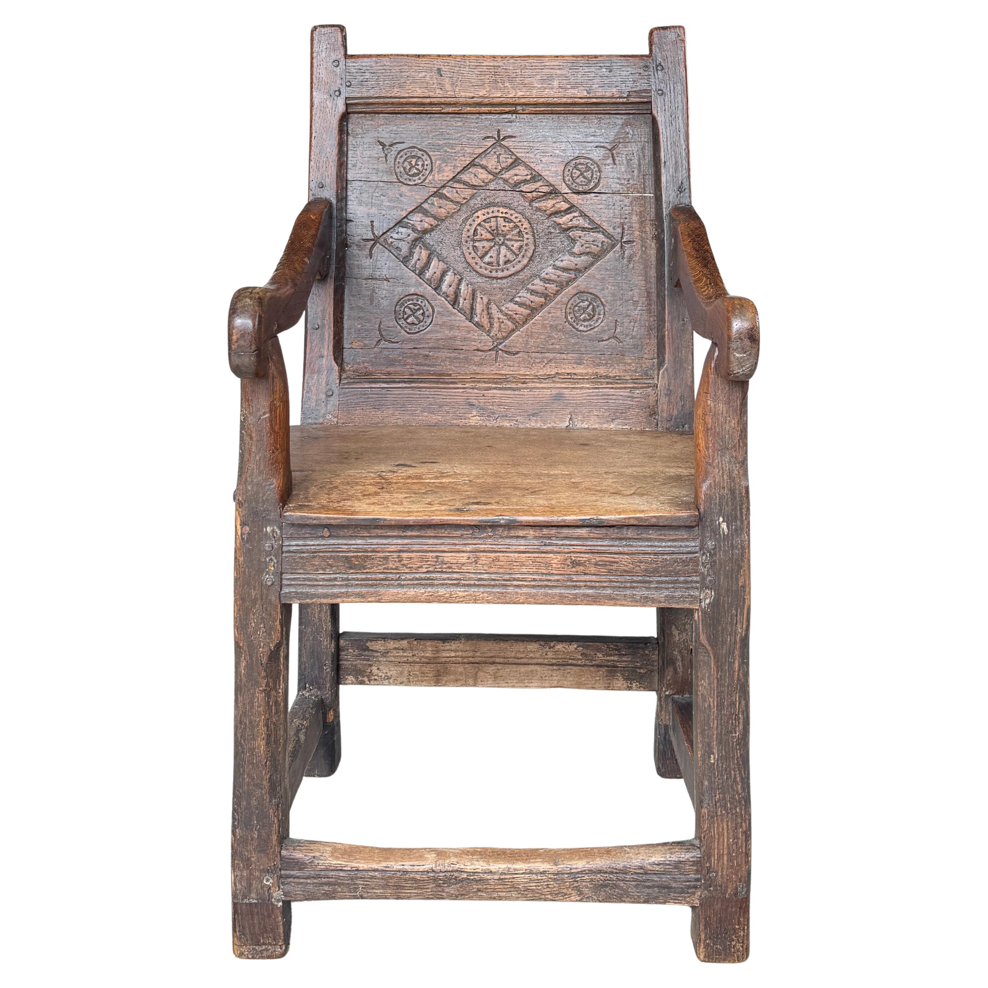 Elizabethan 'Tudor' Hand Carved Oak Wainscot Arm Chair circa 1580