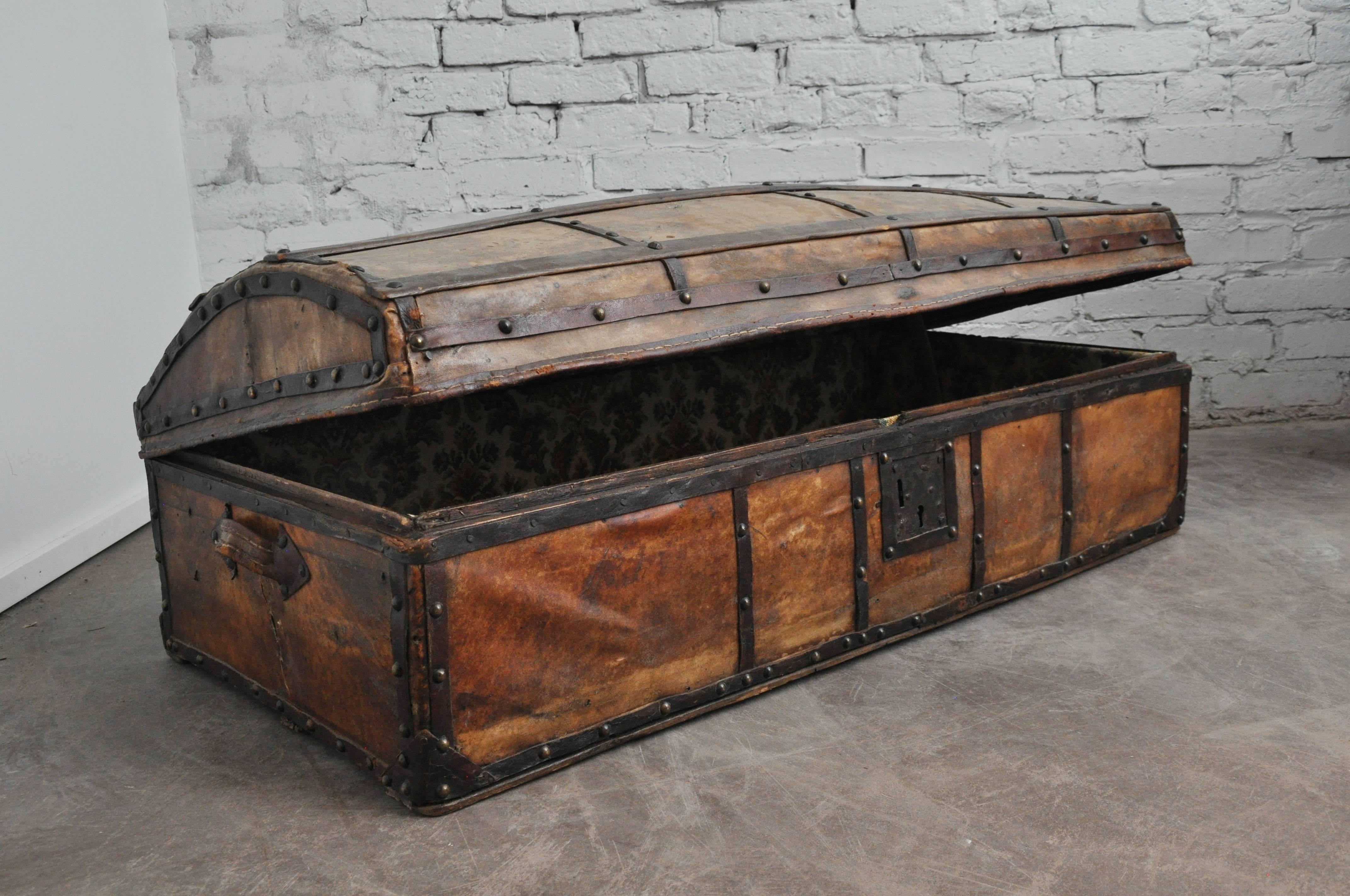 Early 20th Century Antique Spanish Parchment and Forged Iron Trunk In Good Condition In Chicago, IL