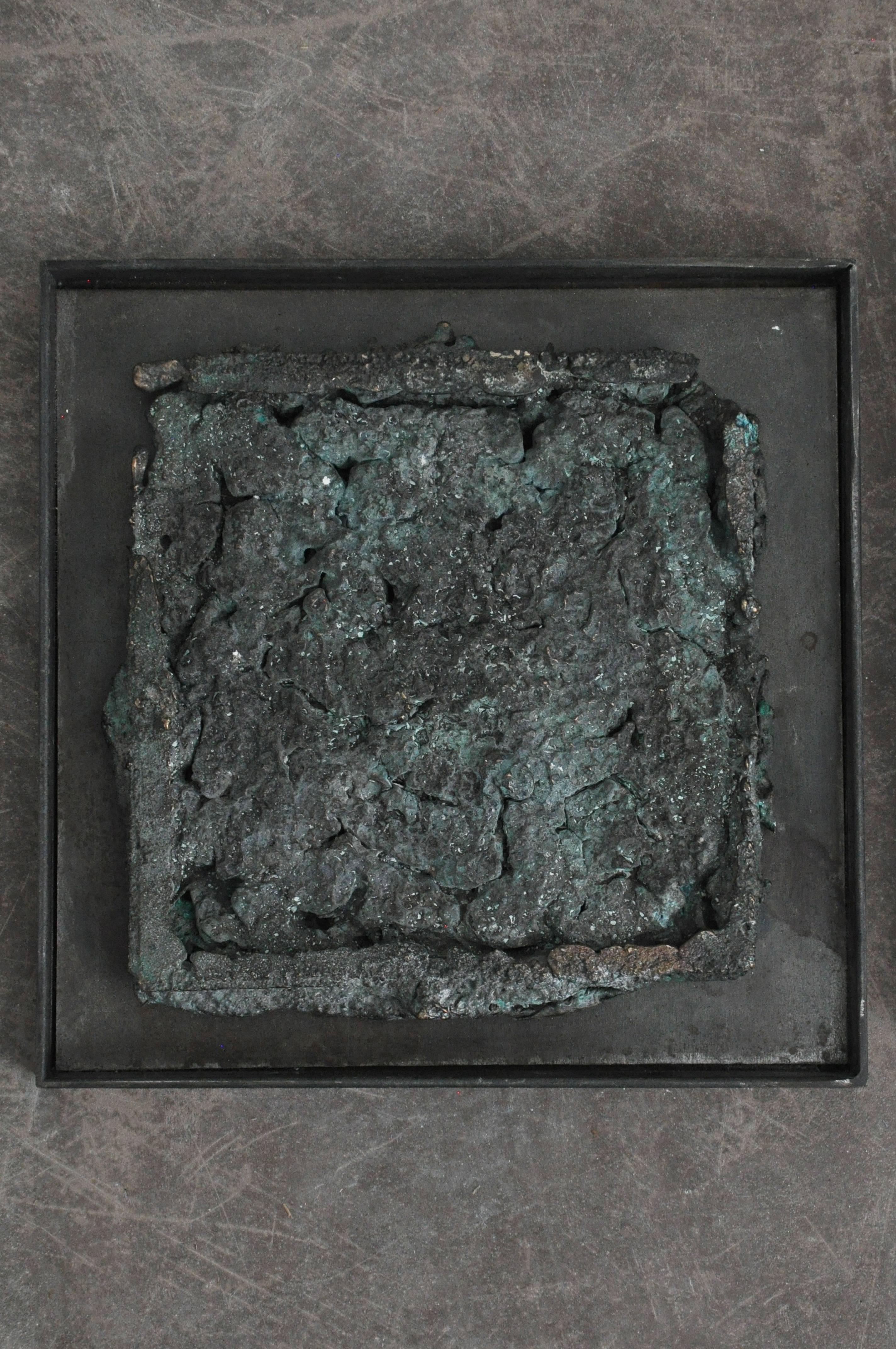 21st century bronze over-pour sculptures by Elliot Bergman.
Elliot Bergman is musician (Wild Belle) as well as a painter, printmaker and sculptor.
Patina has a beautiful verdigris green.
Over-pour encased in steel frames for table top or wall