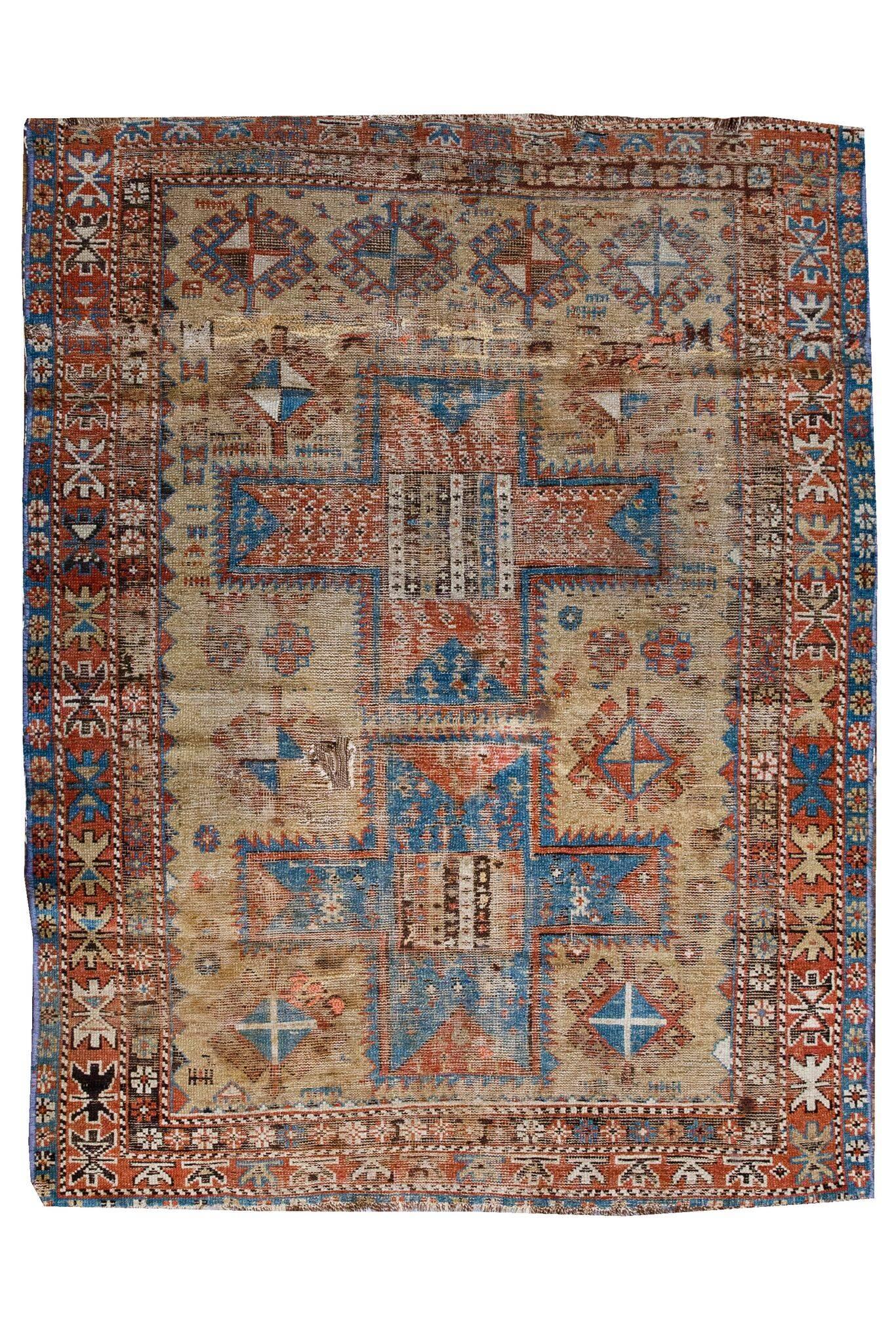 Hand-Knotted Late 19th Century 'Super Worn' Antique Caucasian Rug