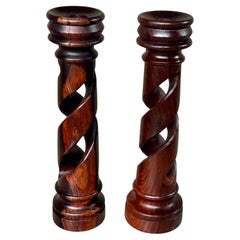 Mid-20th Century Pair of Hand-Carved Rosewood Barley Twist Candlesticks