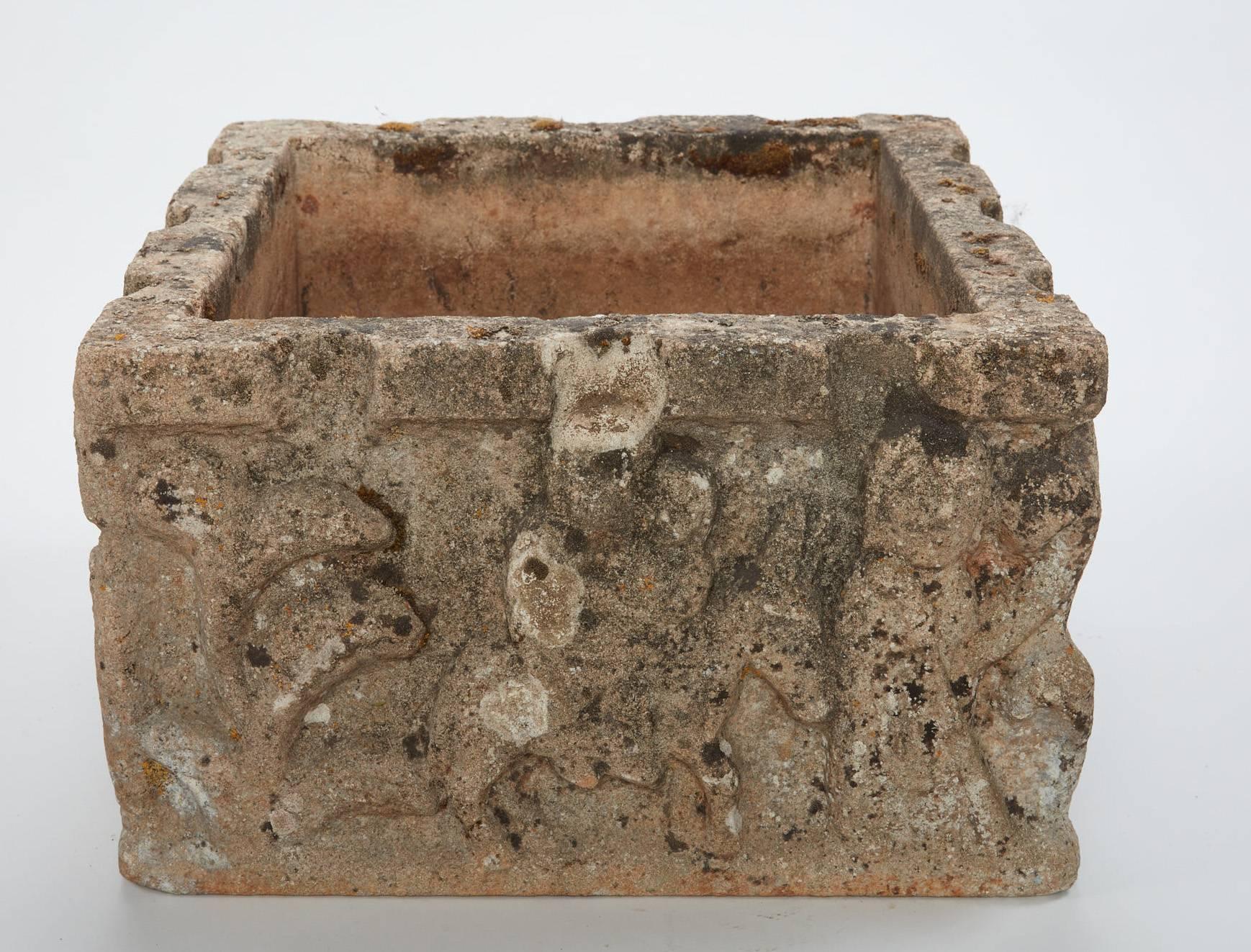 European Late 19th-Early 20th Century French Square Carved Stone Planter