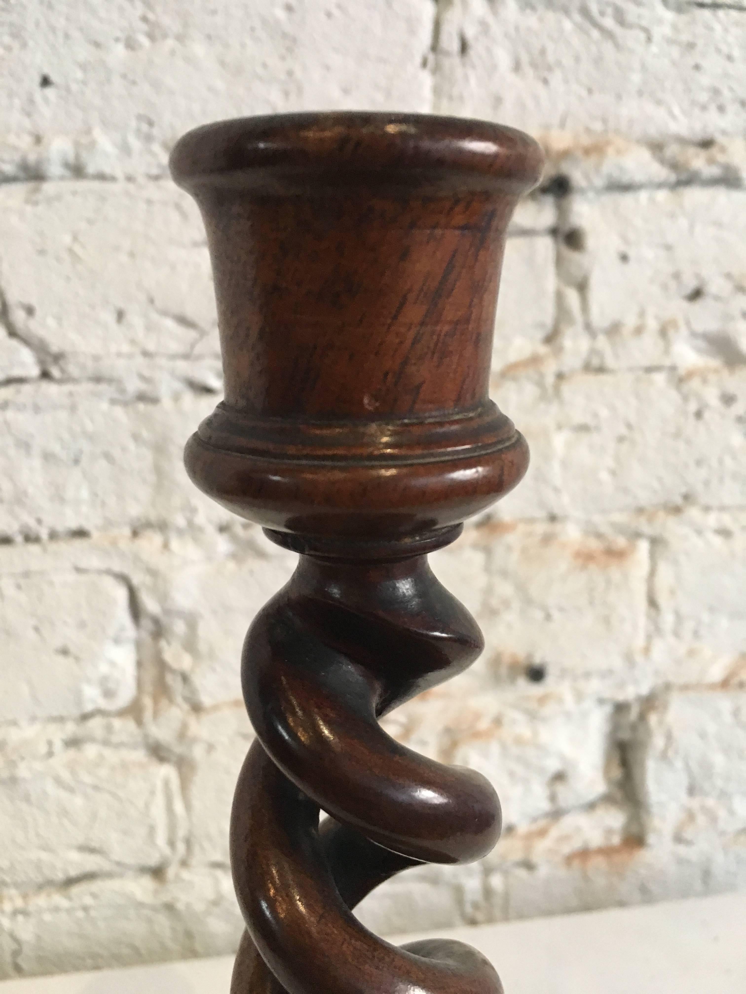 Hand-Carved 19th Century Classic French Twisted Barley Burled Wood Candlestick