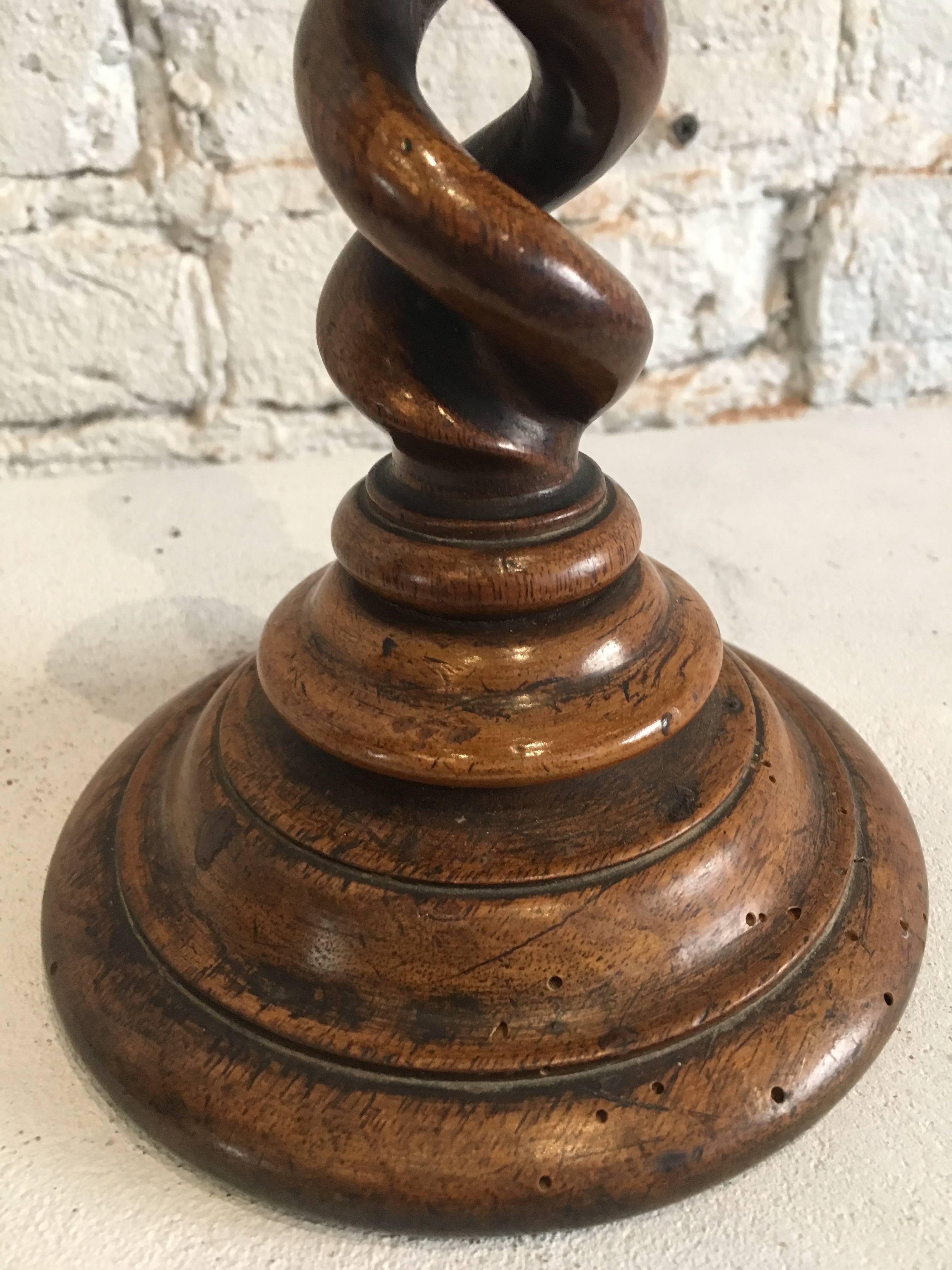 19th Century Classic French Twisted Barley Burled Wood Candlestick In Excellent Condition In Chicago, IL