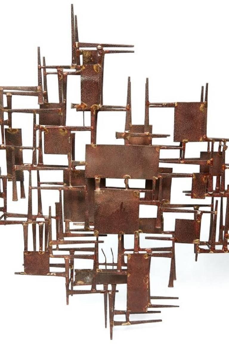 American Mid-20th Century Brutalist Geometric Rusty Metal Wall Sculpture
