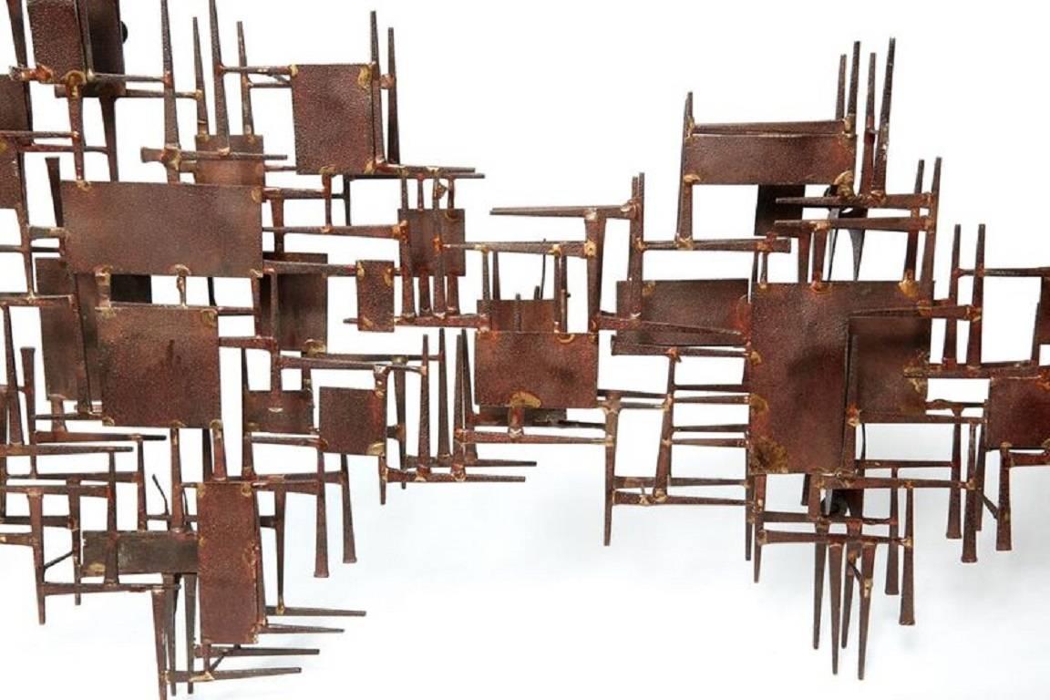 Hand-Crafted Mid-20th Century Brutalist Geometric Rusty Metal Wall Sculpture