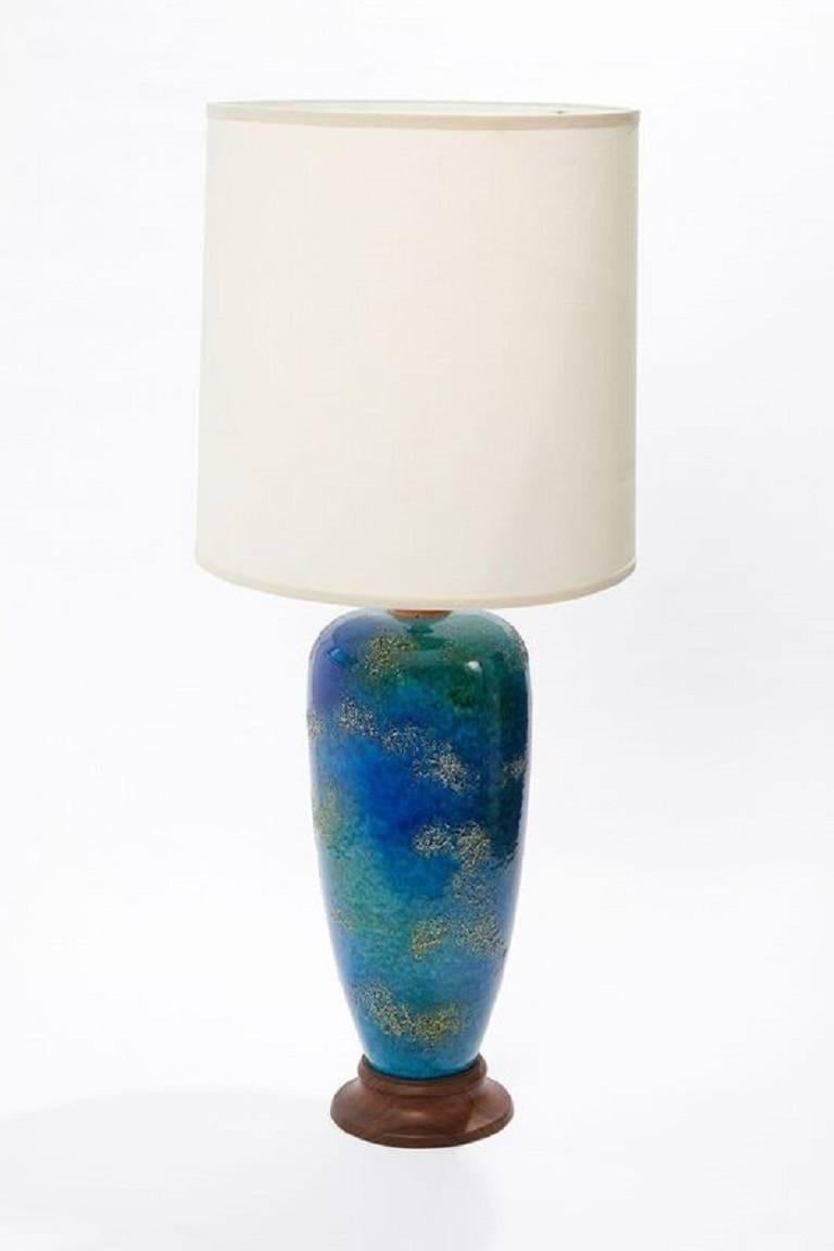 Pair of Midcentury American Blue Glazed Ceramic Lamps with Custom Shades In Good Condition In Chicago, IL