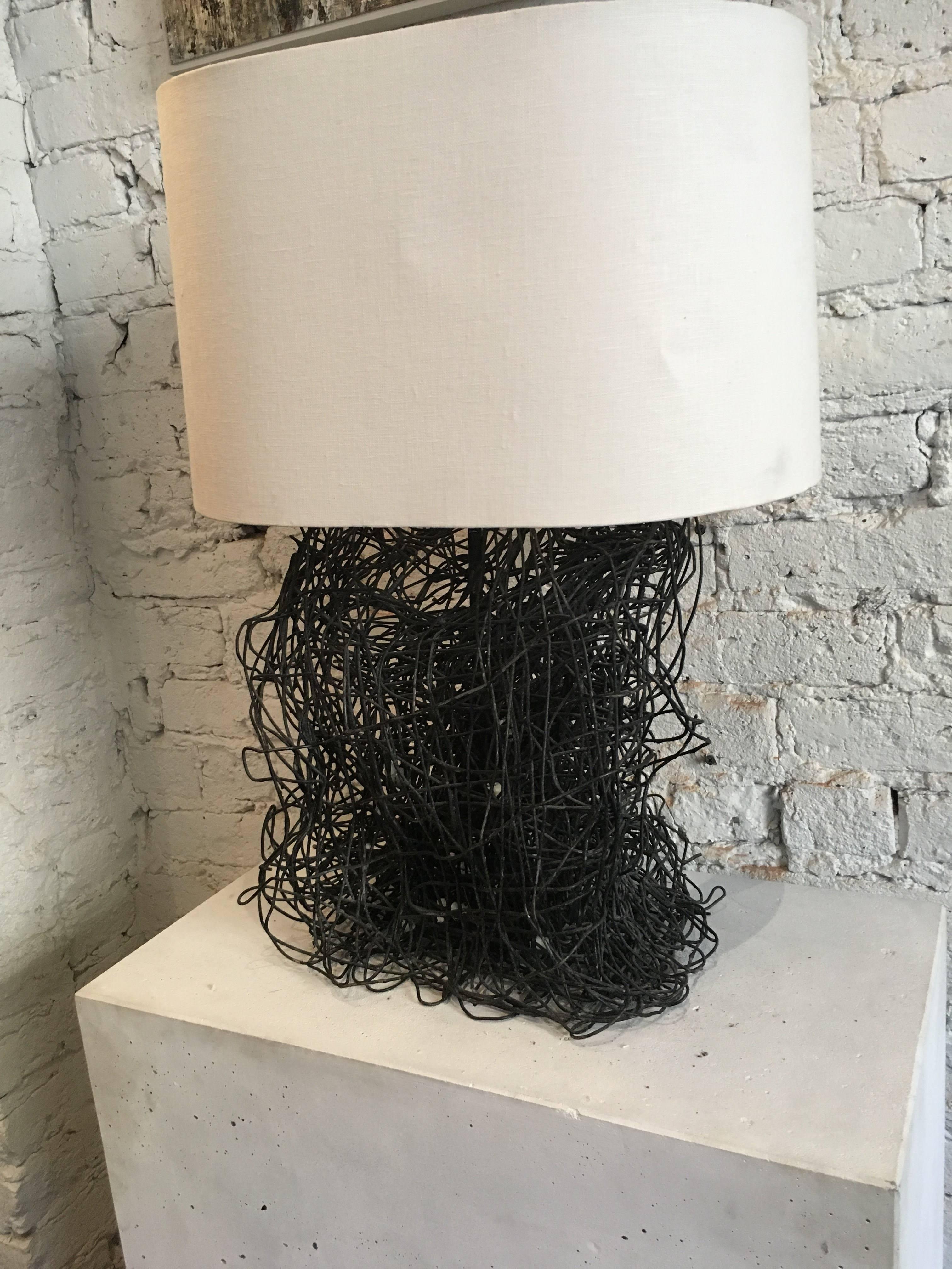 20th Century Sculptural Wire Lamp with Custom French Paper Shade 4