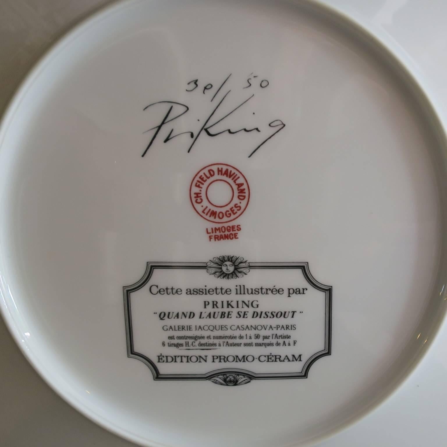 Hand-painted and signed limited edition by the French painter Priking by the manufacture Charles Fields Haviland.
Each porcelain is signed and numbered.
Measure: Diameter 10