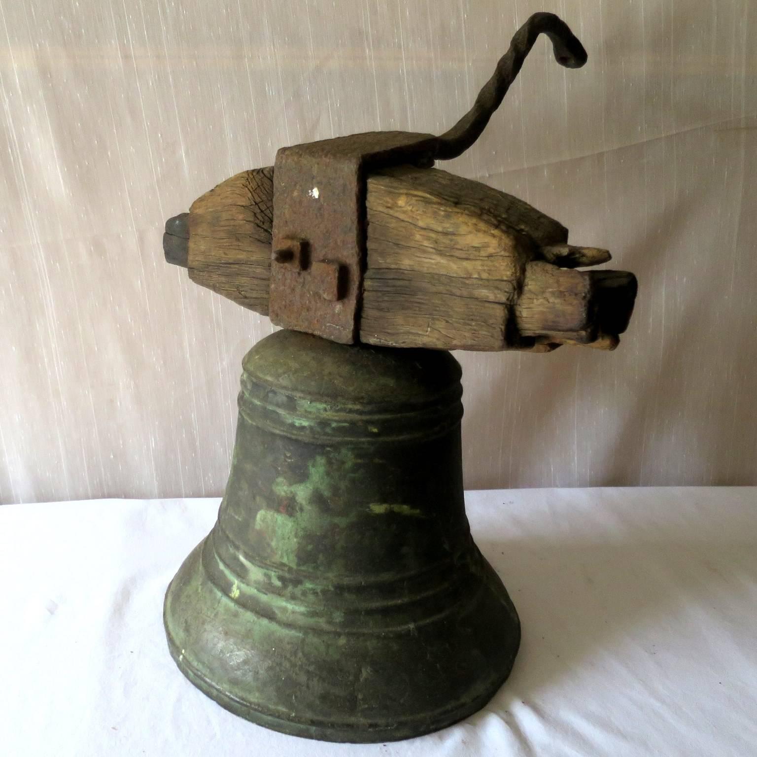 French Property Bronze Airin Bell Dated 1815 with its Wrought Iron Top and Wood Beam For Sale