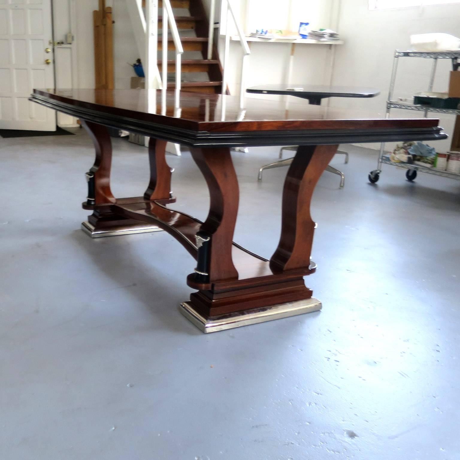 French Rosewood Art Deco Dining Table Style of J.Leleu, Plated Bronze Accents