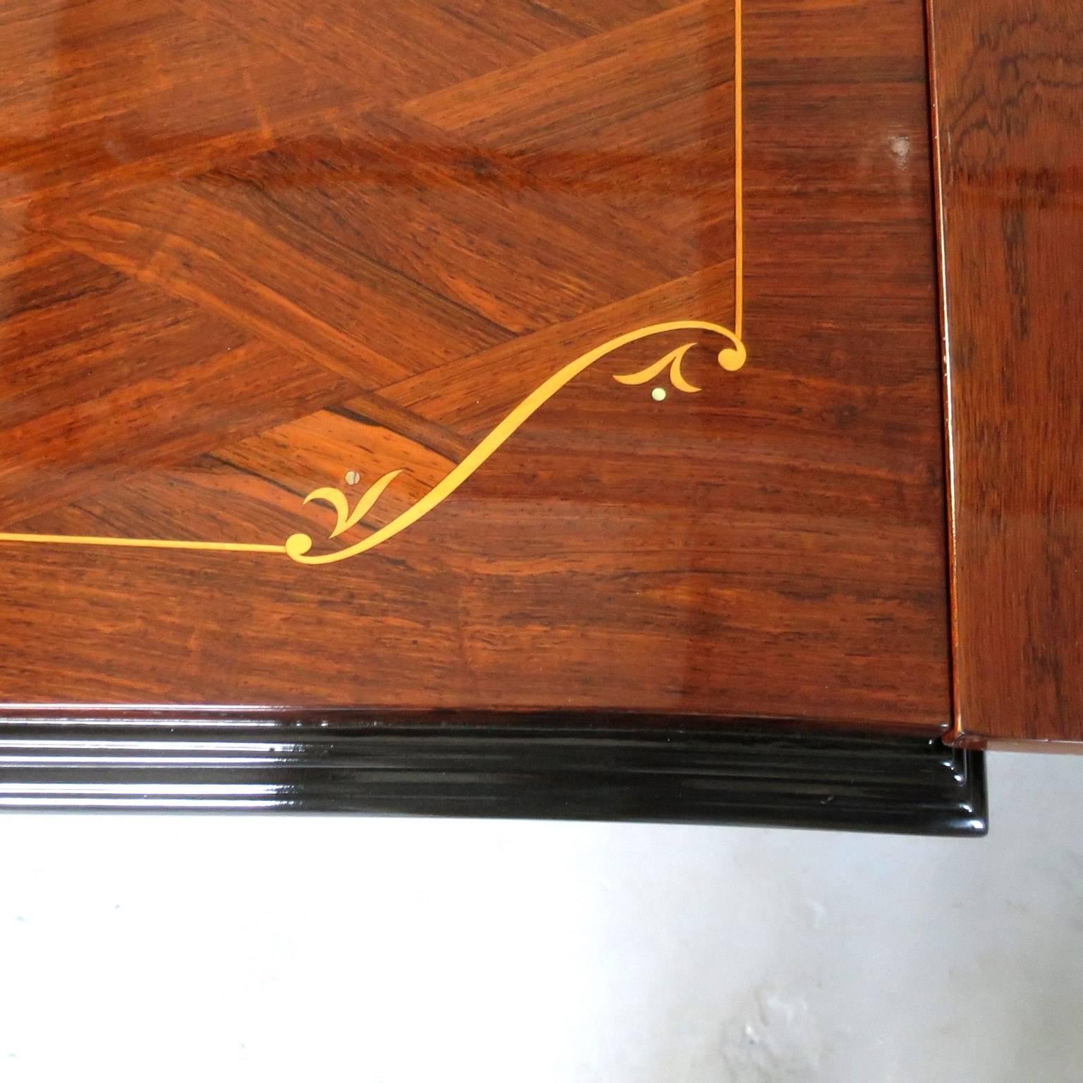 Rosewood Art Deco Dining Table Style of J.Leleu, Plated Bronze Accents In Excellent Condition In Miami, FL