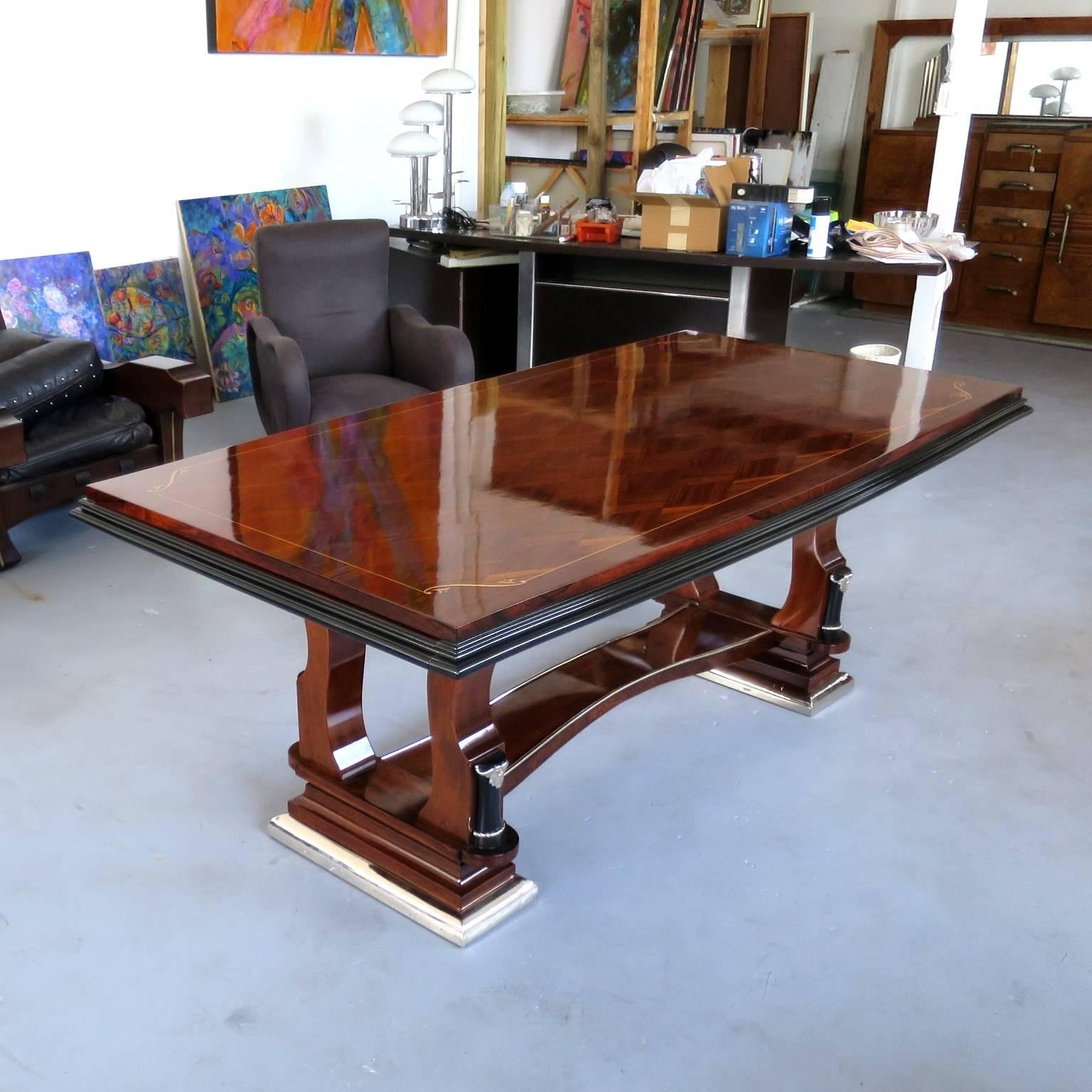 Veneer Rosewood Art Deco Dining Table Style of J.Leleu, Plated Bronze Accents