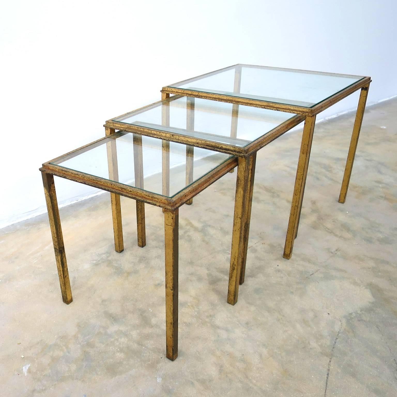 French Two Sets of Mid-Century Three Gilt Wrought Iron Side Tables  by R.Thibier 