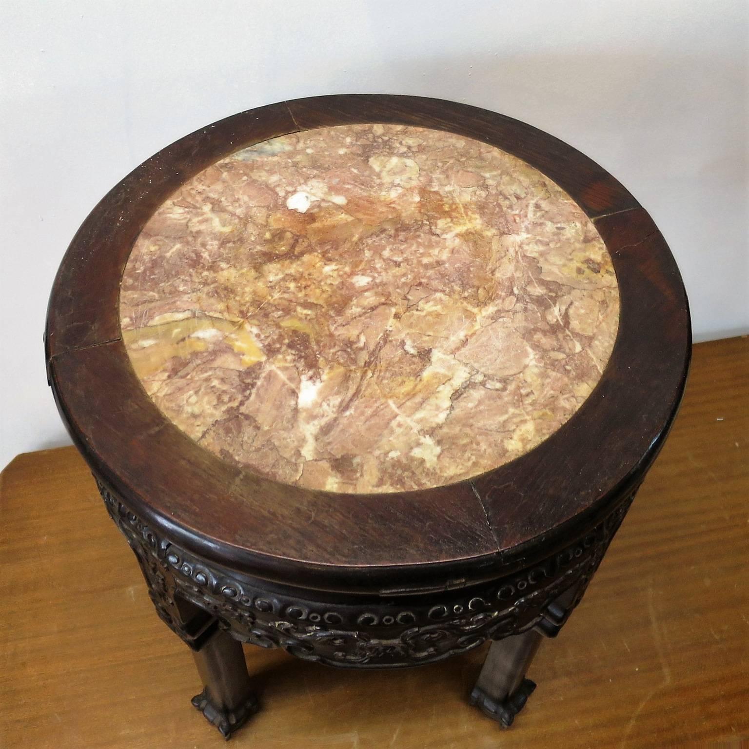 Chinoiserie Chinese Gueridon with Marble Top, Pedestal in Exotic Wood