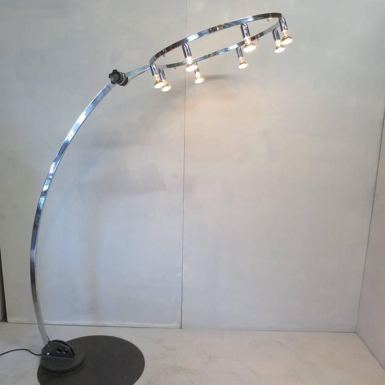 Unusual Chrome Floor Lamp Extension Curved Arm Articulated Round Top
