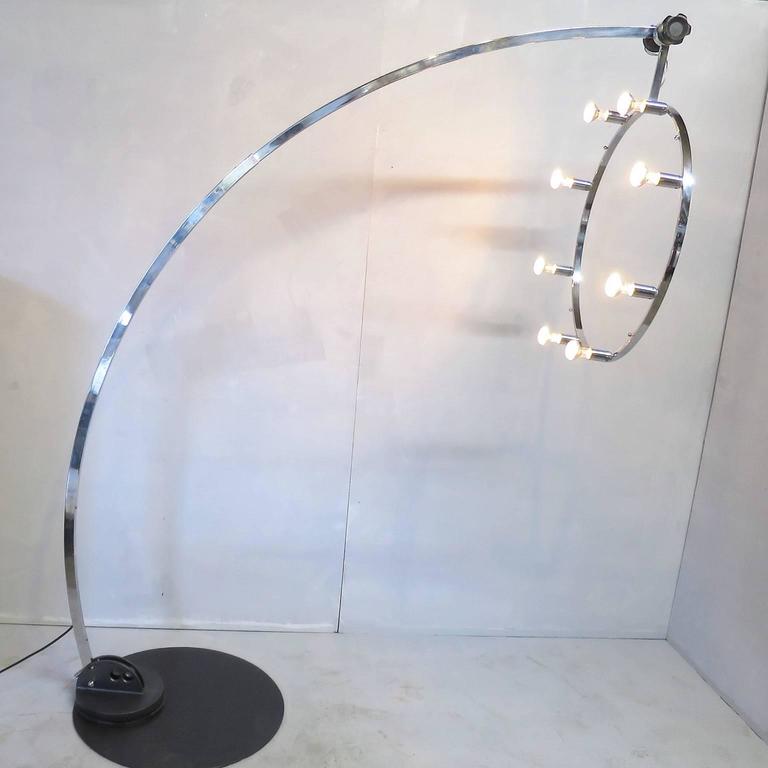 Unusual Chrome Floor Lamp Extension Curved Arm Articulated Round Top