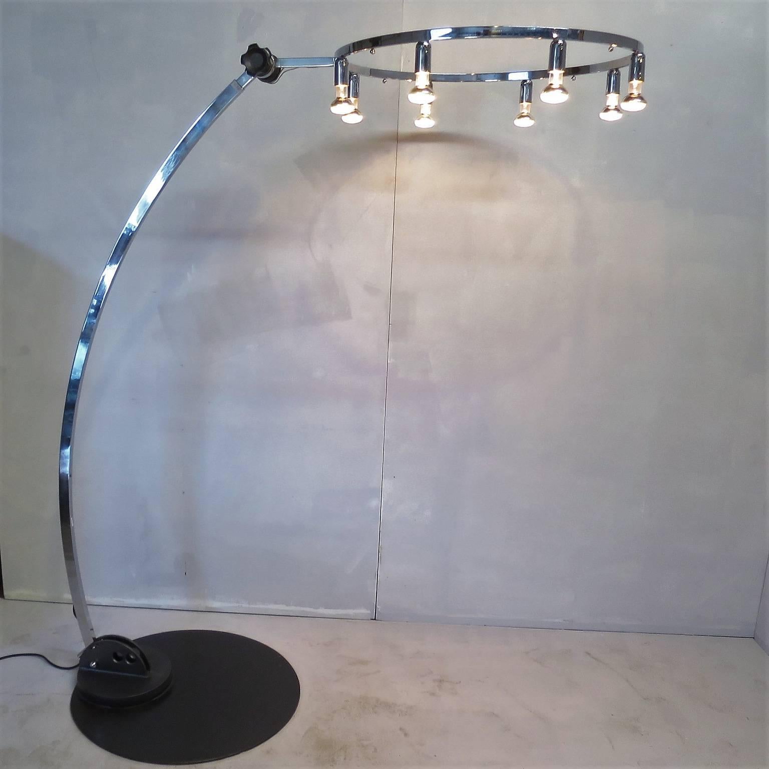 20th Century Unusual Chrome Floor Lamp Extension Curved Arm Articulated Round Top For Sale