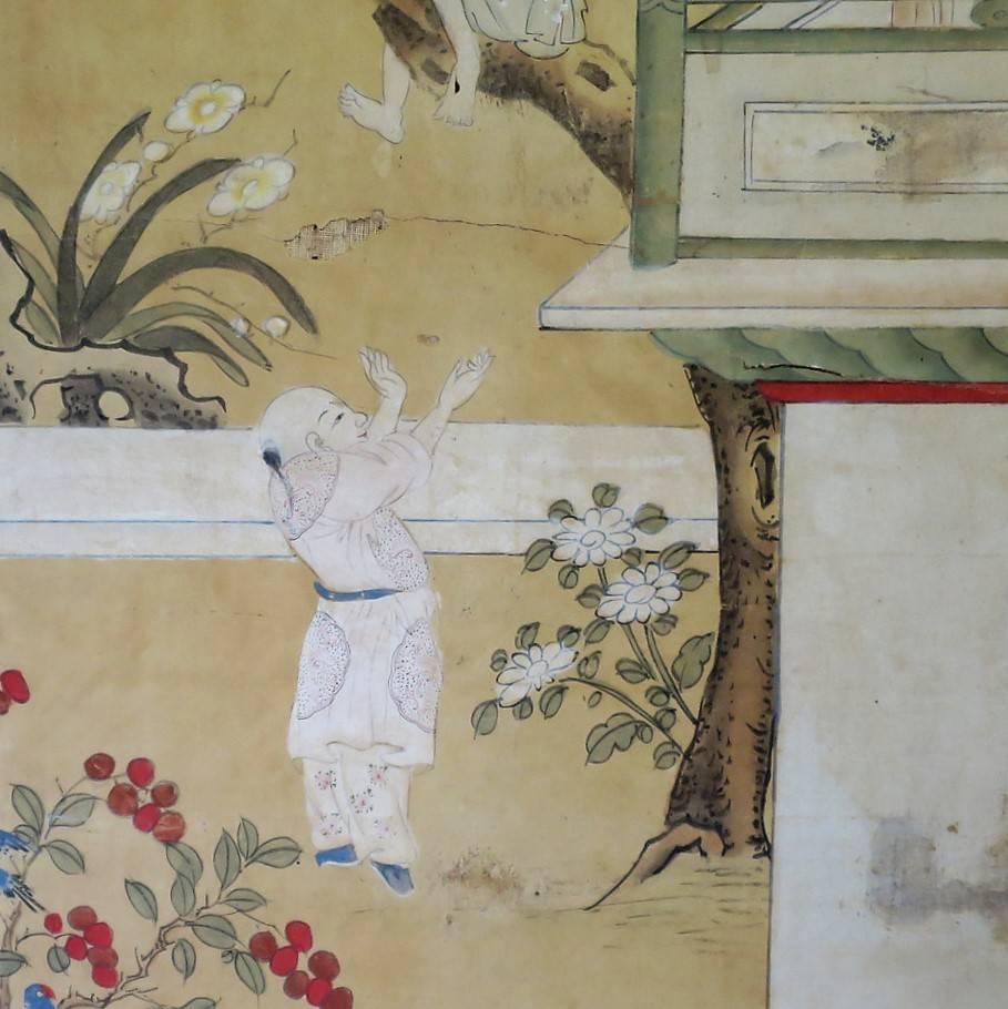 Animated scenes painted on paper.
The paper is stretched over a wooden frame , 
a fabric is stretch over the back of the painting on he wood frame.
Second part of 19th century.
Very good quality of art.