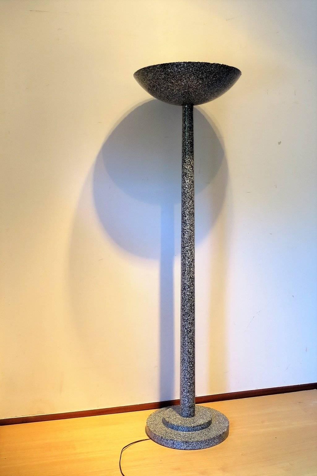 Art Deco floor lamp or torchere standing on a double circle base , the top is a curved circle .
The material is a conglomerat with inclusion of mother-of-pearl,
the inside top is in glass mosaic .
Very interesting and unic architectural design ,